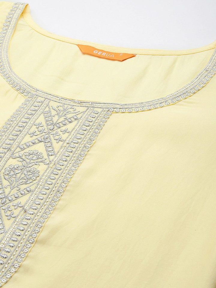 Yellow Yoke Design Silk Blend Straight Kurta With Trousers & Dupatta - Libas