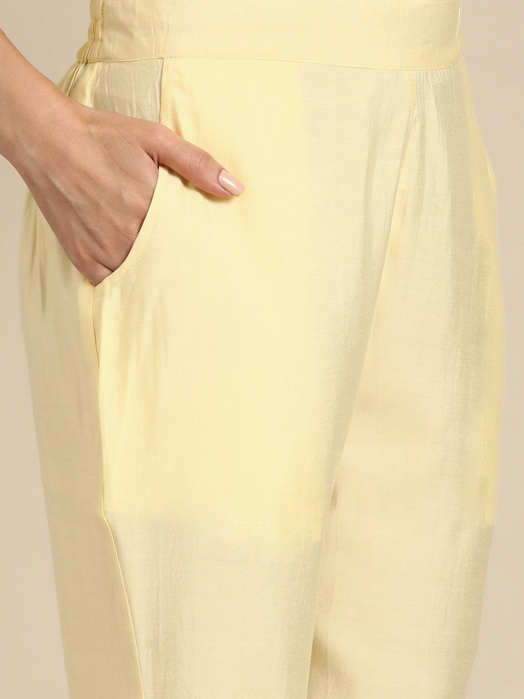 Yellow Yoke Design Silk Blend Straight Kurta With Trousers & Dupatta - Libas