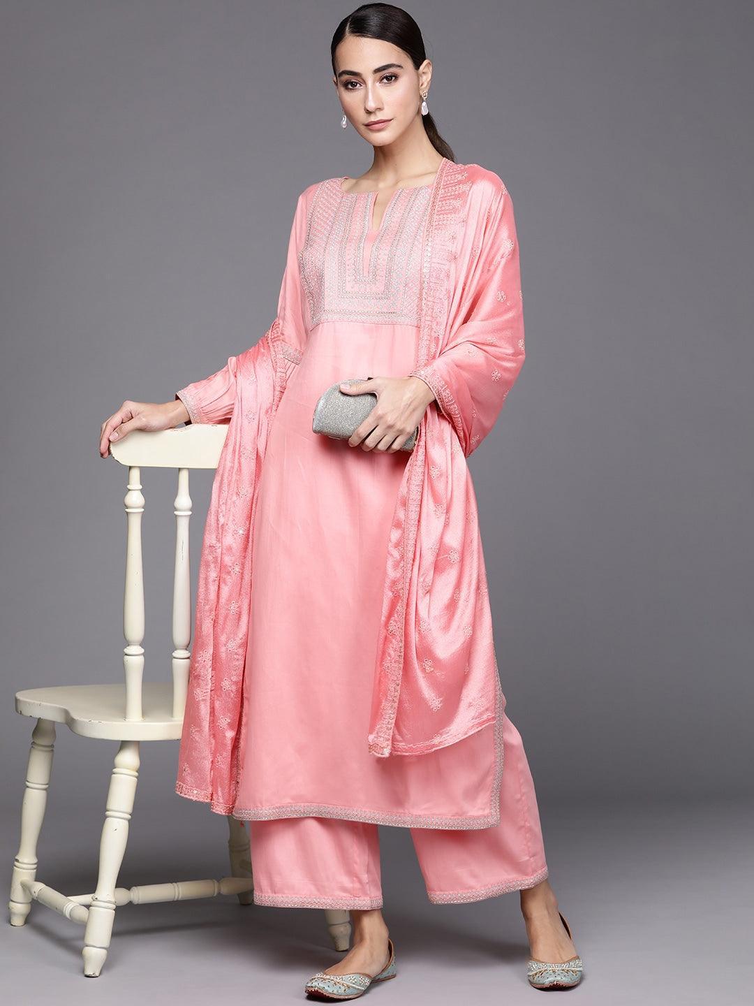 Pink Embroidered Silk Blend Suit Set