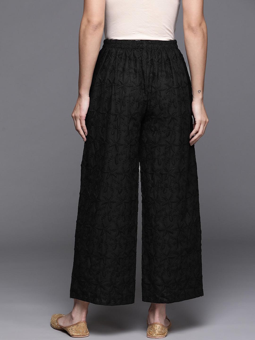 Black Embroidered Cotton Palazzos