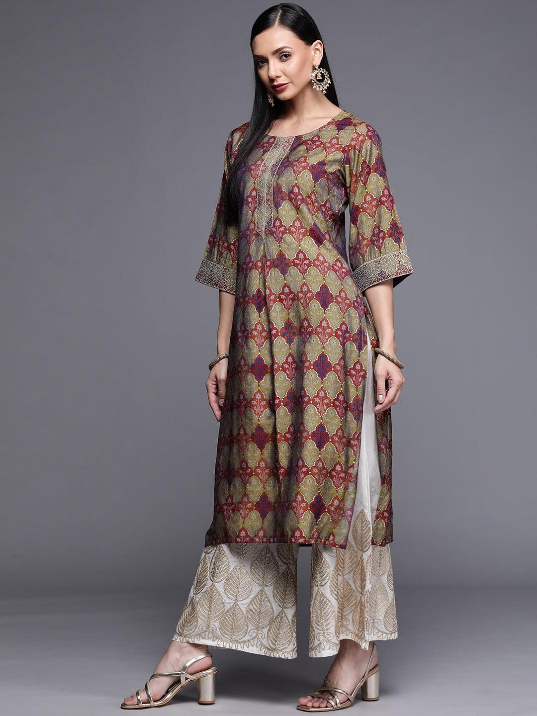 Multicoloured Printed Chanderi Silk Kurta - ShopLibas