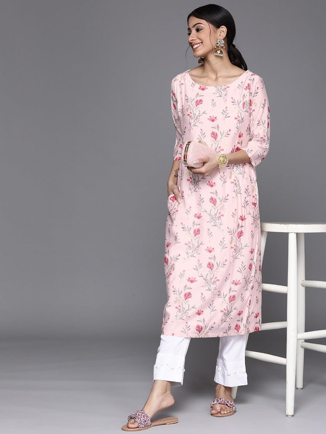 Pink Printed Chanderi Silk Kurta