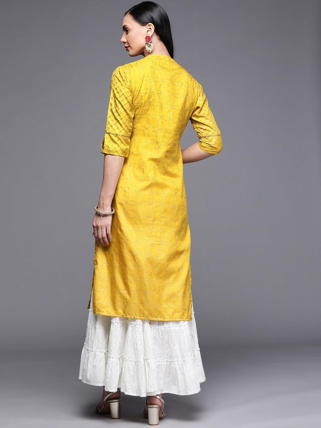 Yellow Printed Chanderi Silk Kurta