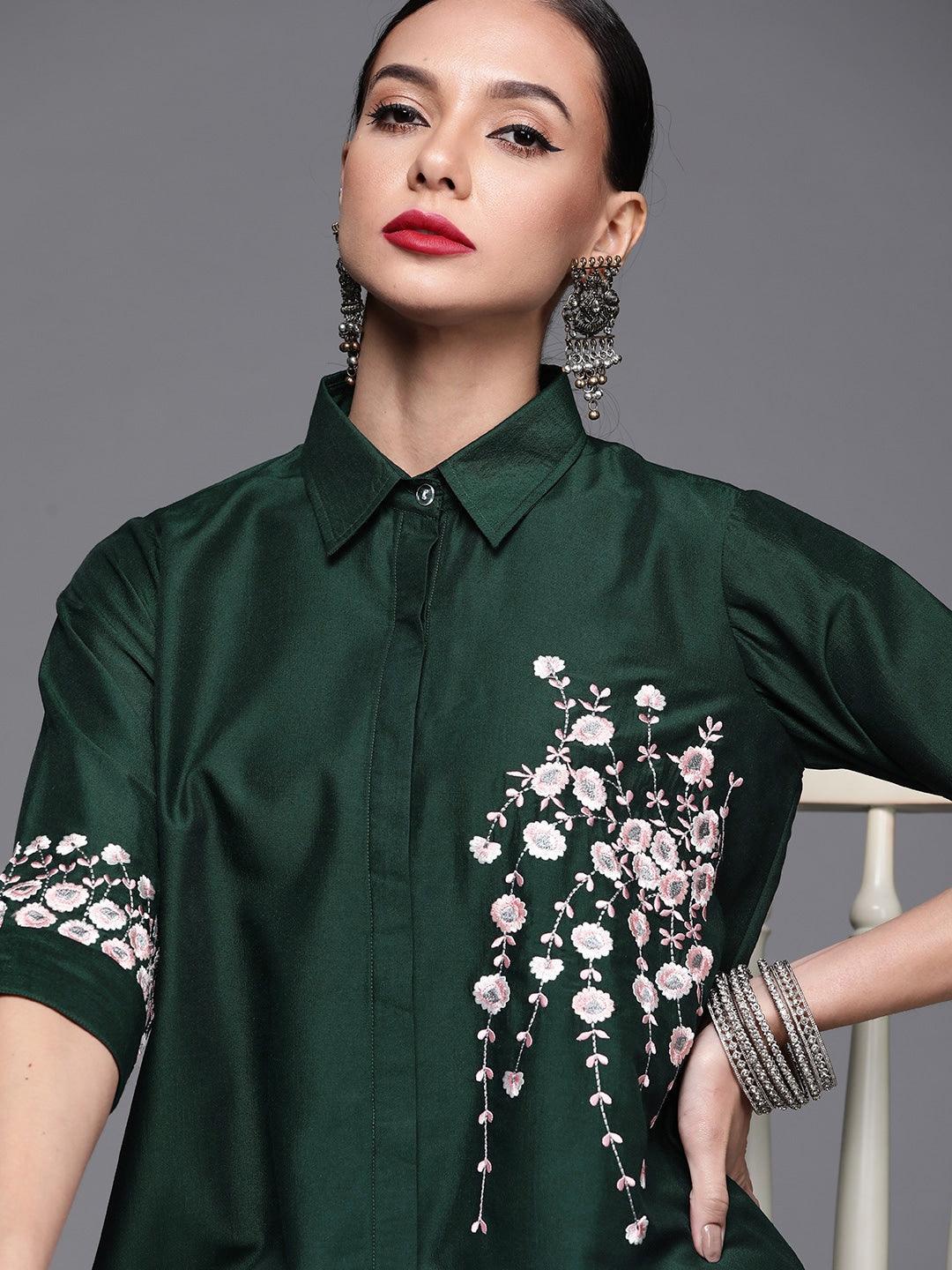 Green Embroidered Silk Blend Shirt - ShopLibas