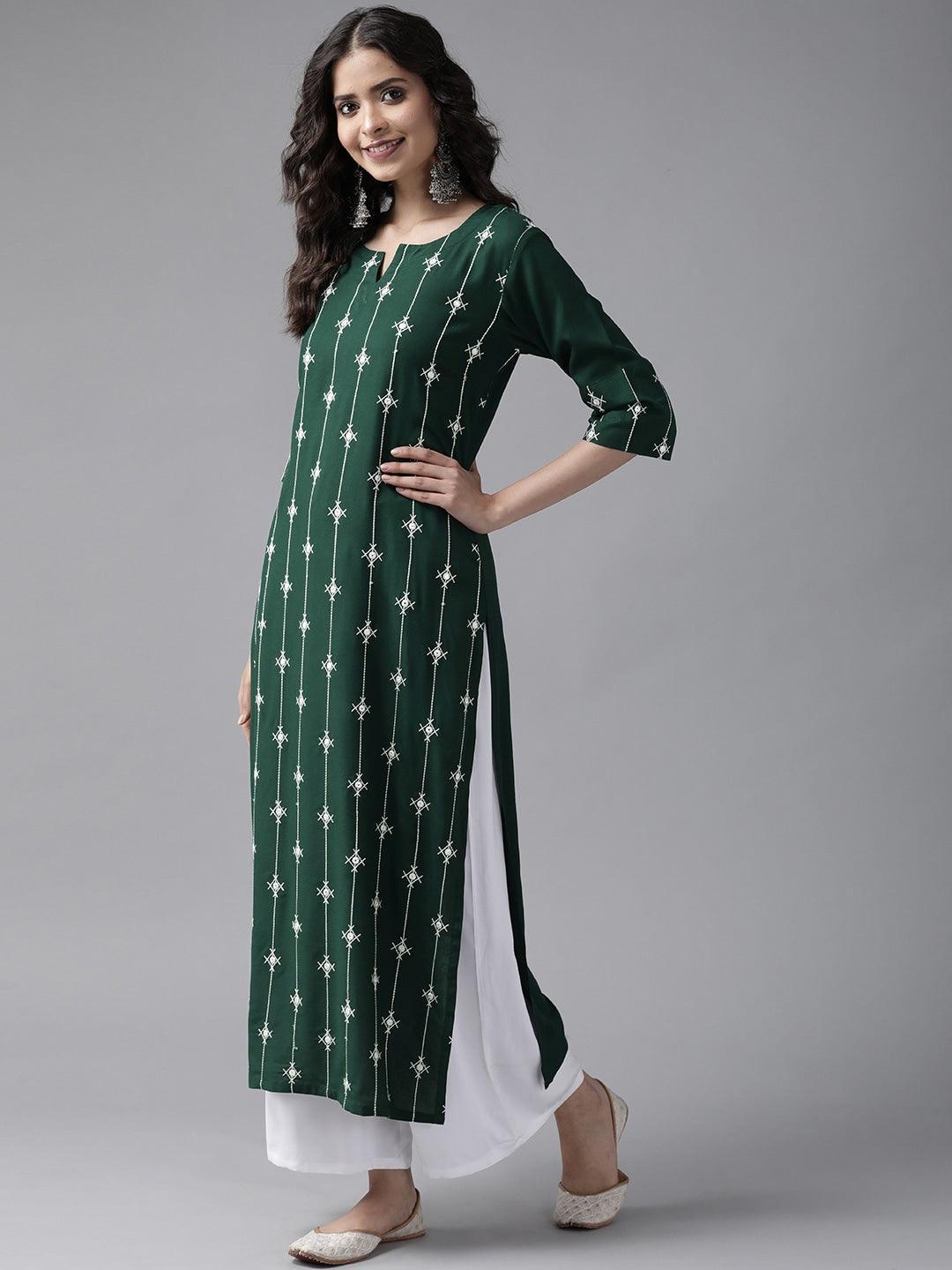 Green Embroidered Rayon Suit Set