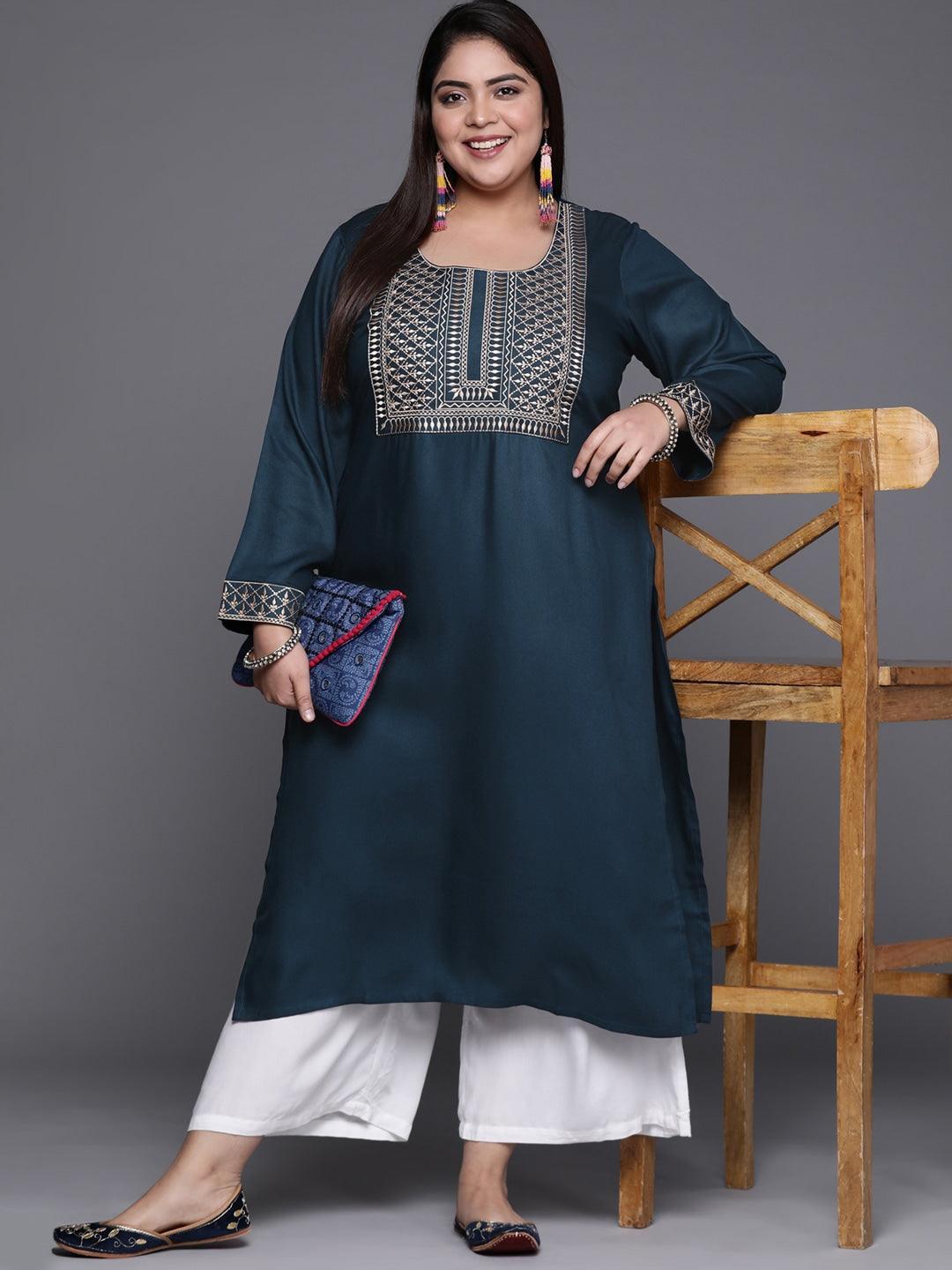 Plus Size Teal Blue Solid Wool Kurta