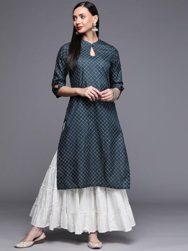 Blue Printed Chanderi Silk Kurta - ShopLibas