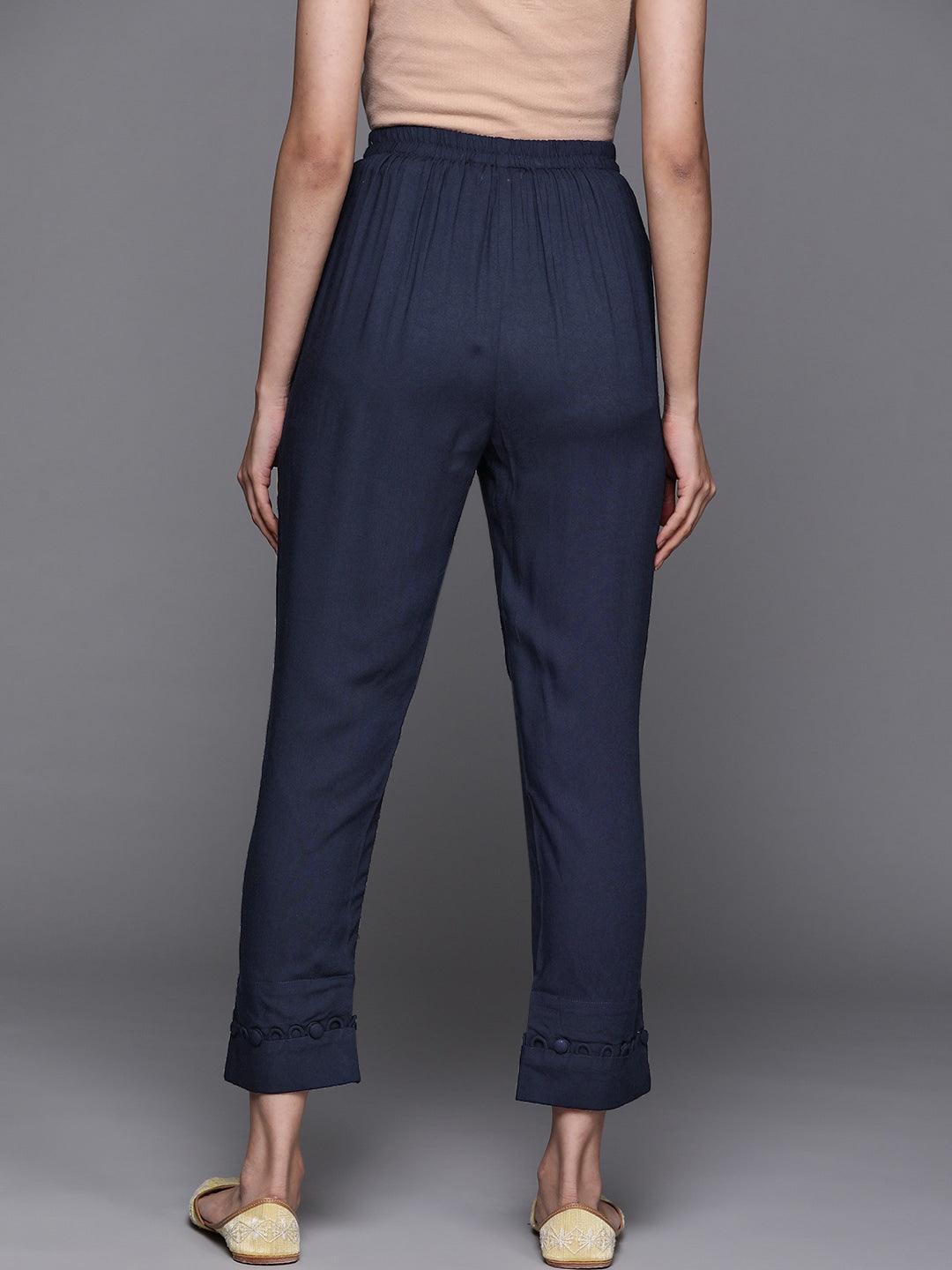 Blue Solid Rayon Trousers - ShopLibas