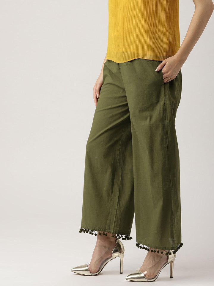 Green Solid Cotton Palazzos - ShopLibas