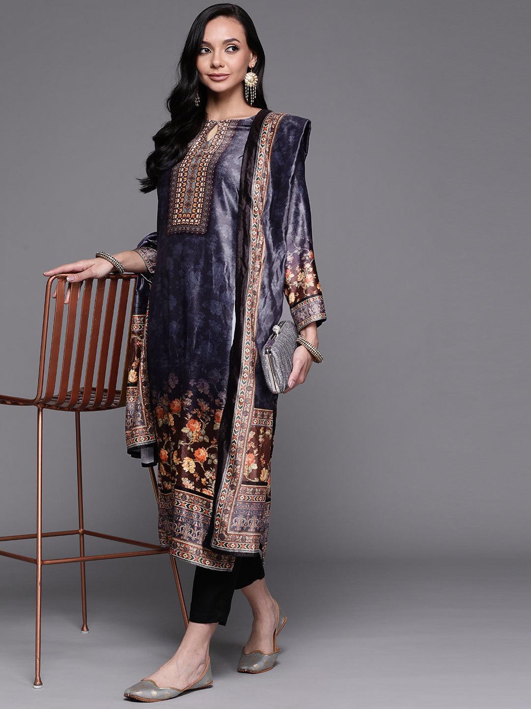 Navy Blue Printed Velvet Suit Set - ShopLibas