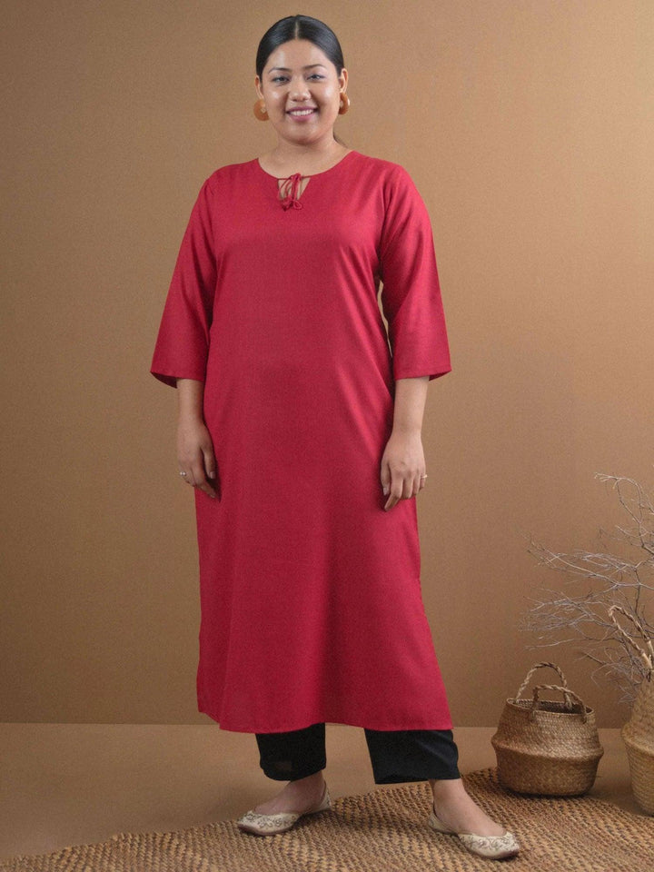 Plus Size Maroon Solid Cotton Kurta - ShopLibas