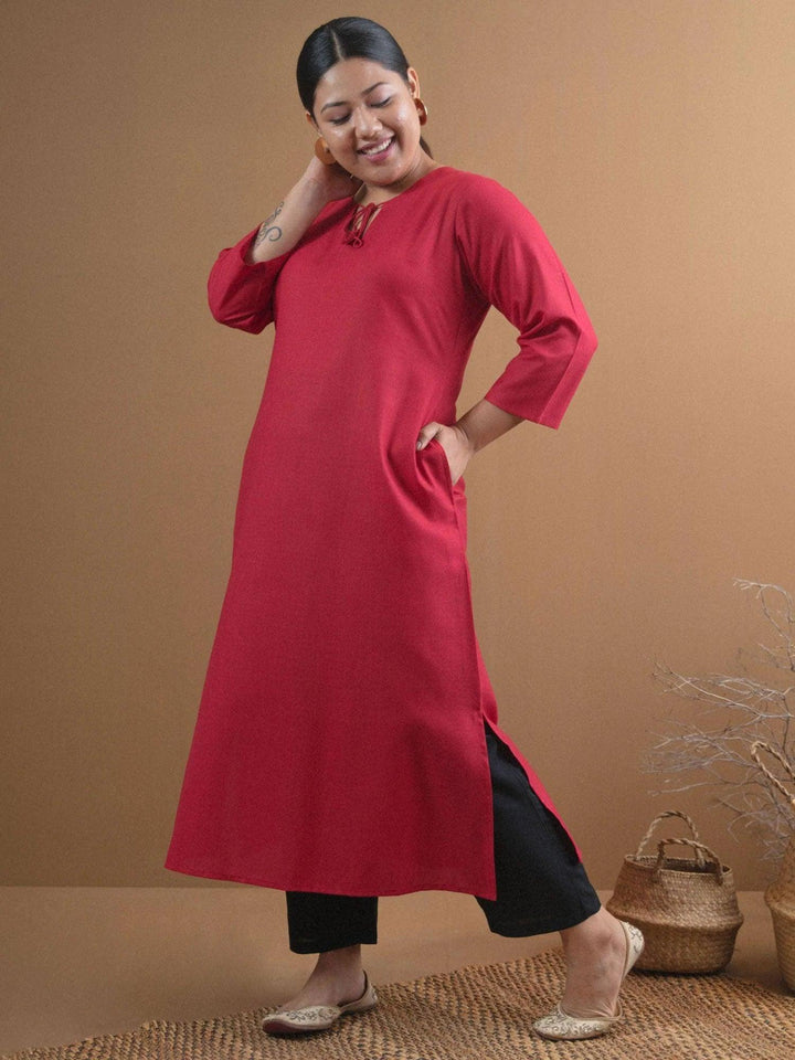 Plus Size Maroon Solid Cotton Kurta - ShopLibas