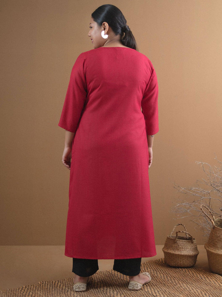 Plus Size Maroon Solid Cotton Kurta - ShopLibas