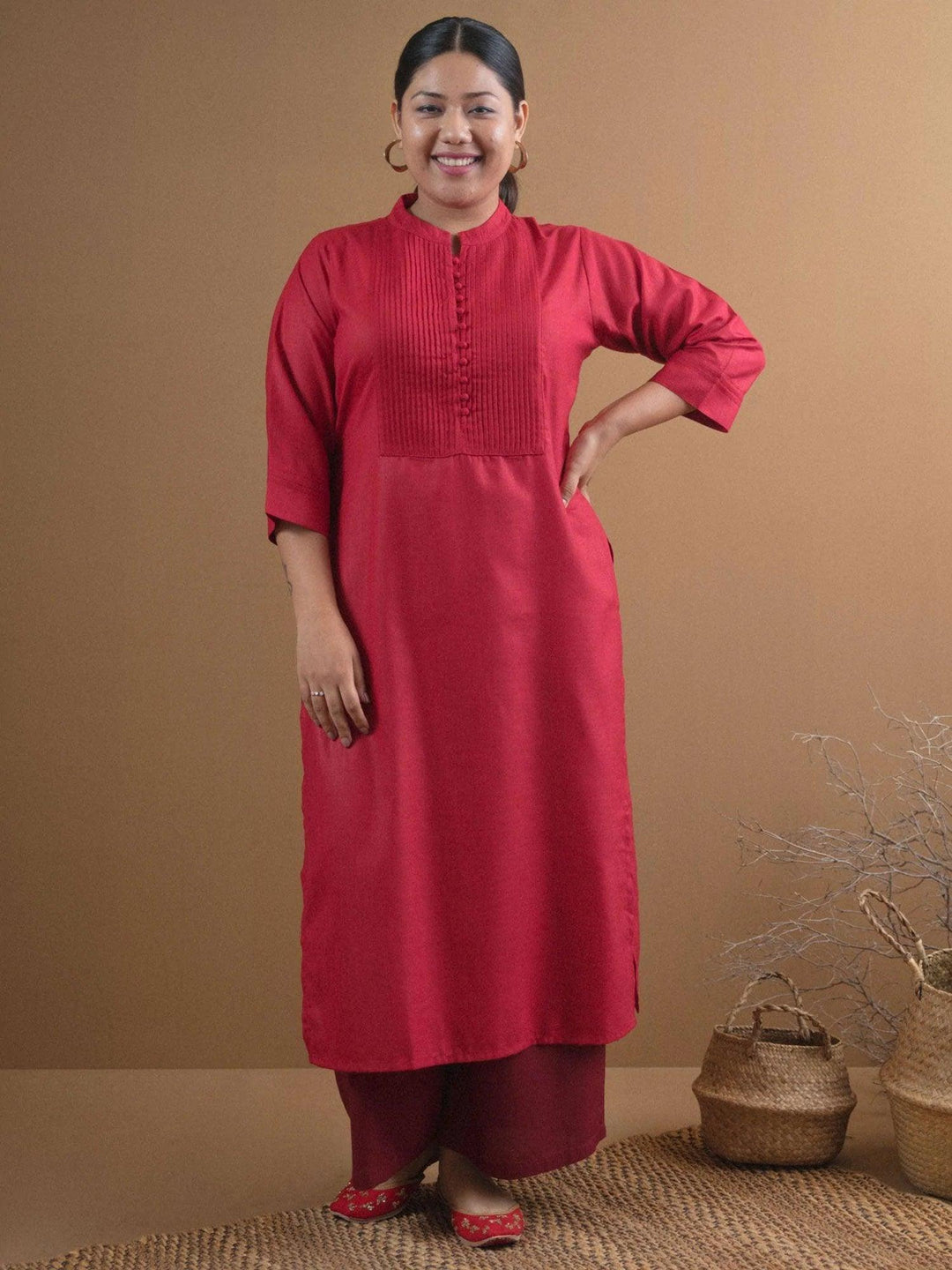 Plus Size Maroon Solid Cotton Kurta - ShopLibas