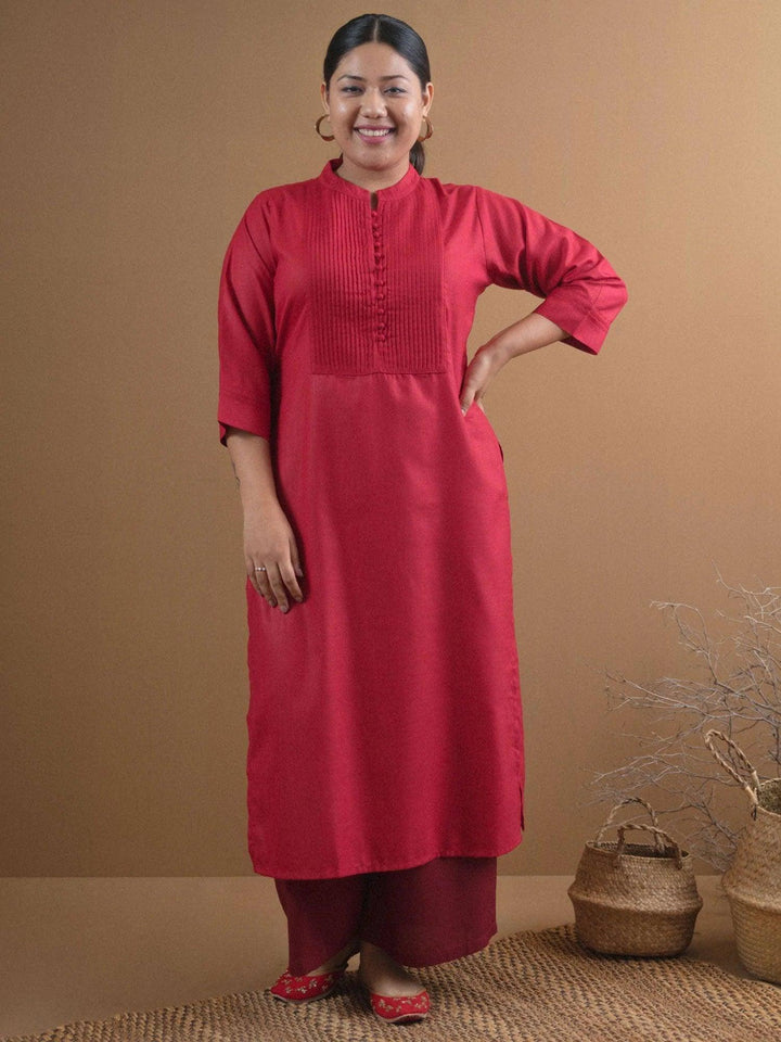 Plus Size Maroon Solid Cotton Kurta - ShopLibas