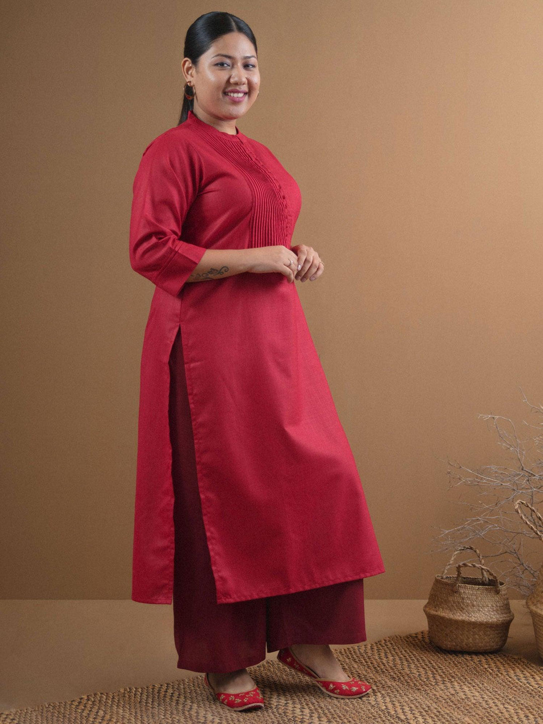 Plus Size Maroon Solid Cotton Kurta - ShopLibas