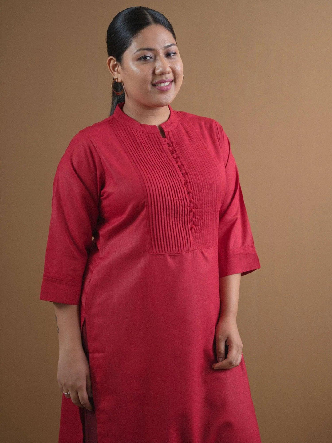 Plus Size Maroon Solid Cotton Kurta - ShopLibas