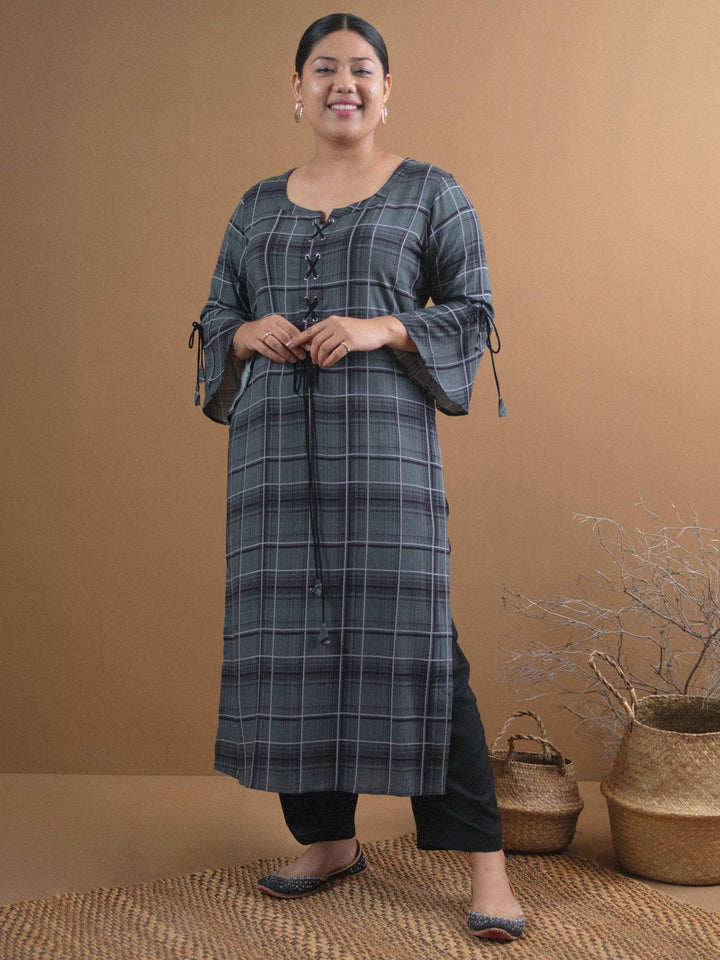 Plus Size Green Checkered Rayon Kurta - ShopLibas