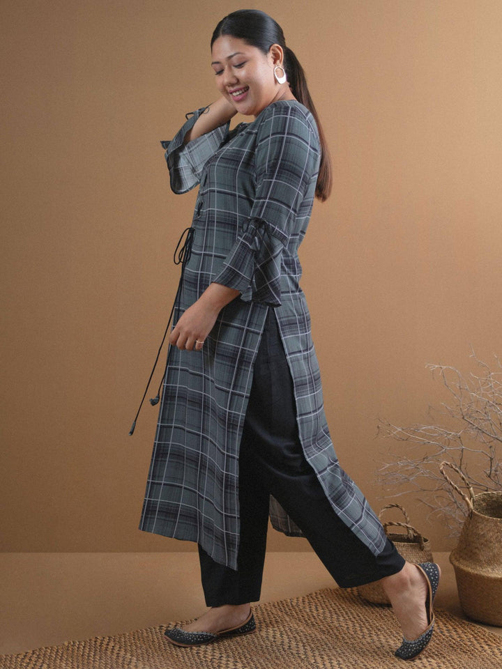 Plus Size Green Checkered Rayon Kurta - ShopLibas