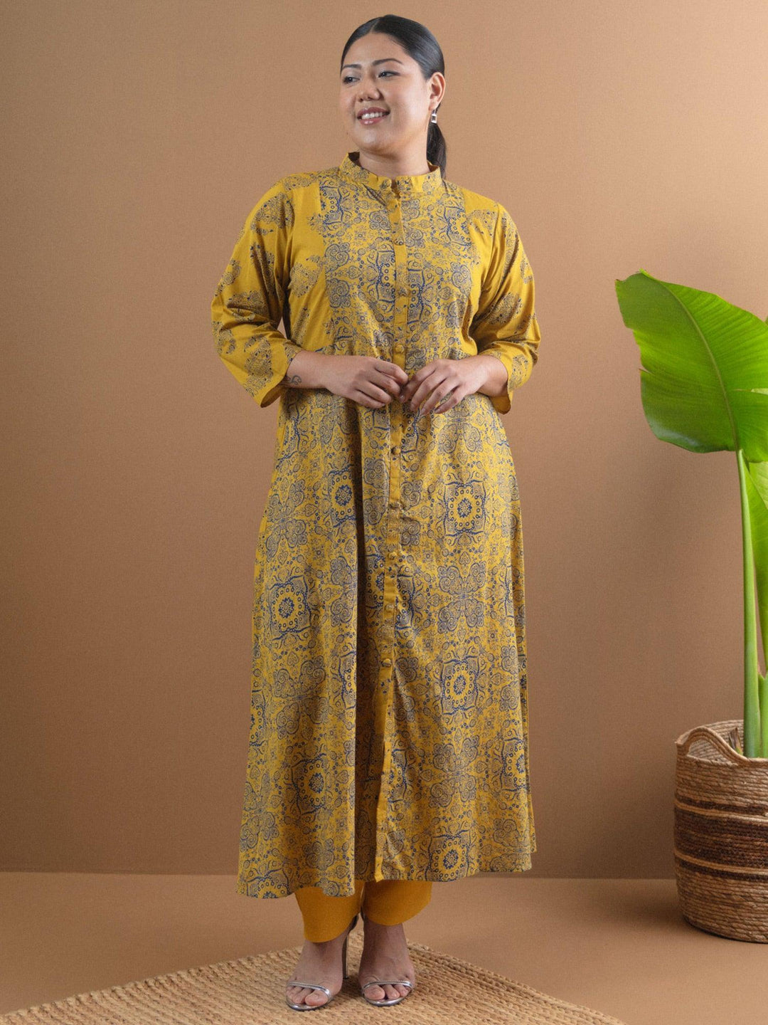 Plus Size Mustard Printed Cotton Kurta - ShopLibas