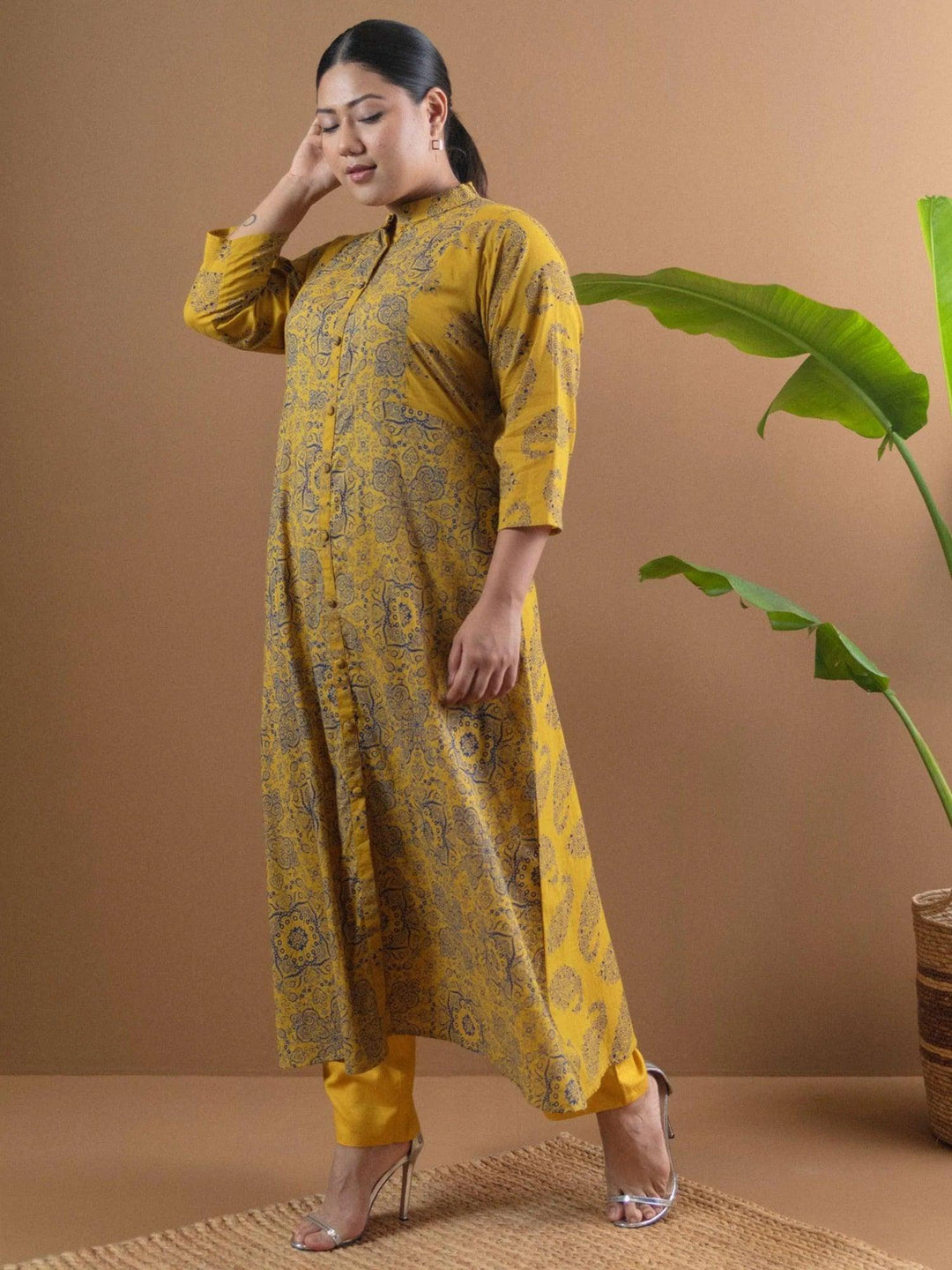 Plus Size Mustard Printed Cotton Kurta - ShopLibas