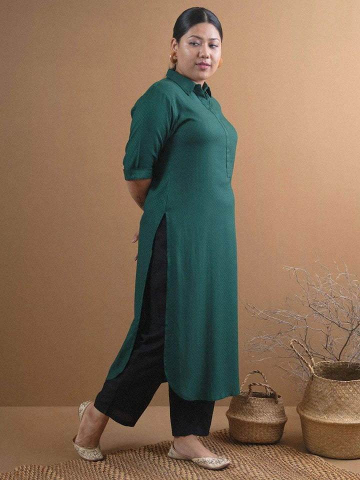 Plus Size Green Self Design Rayon Kurta - ShopLibas