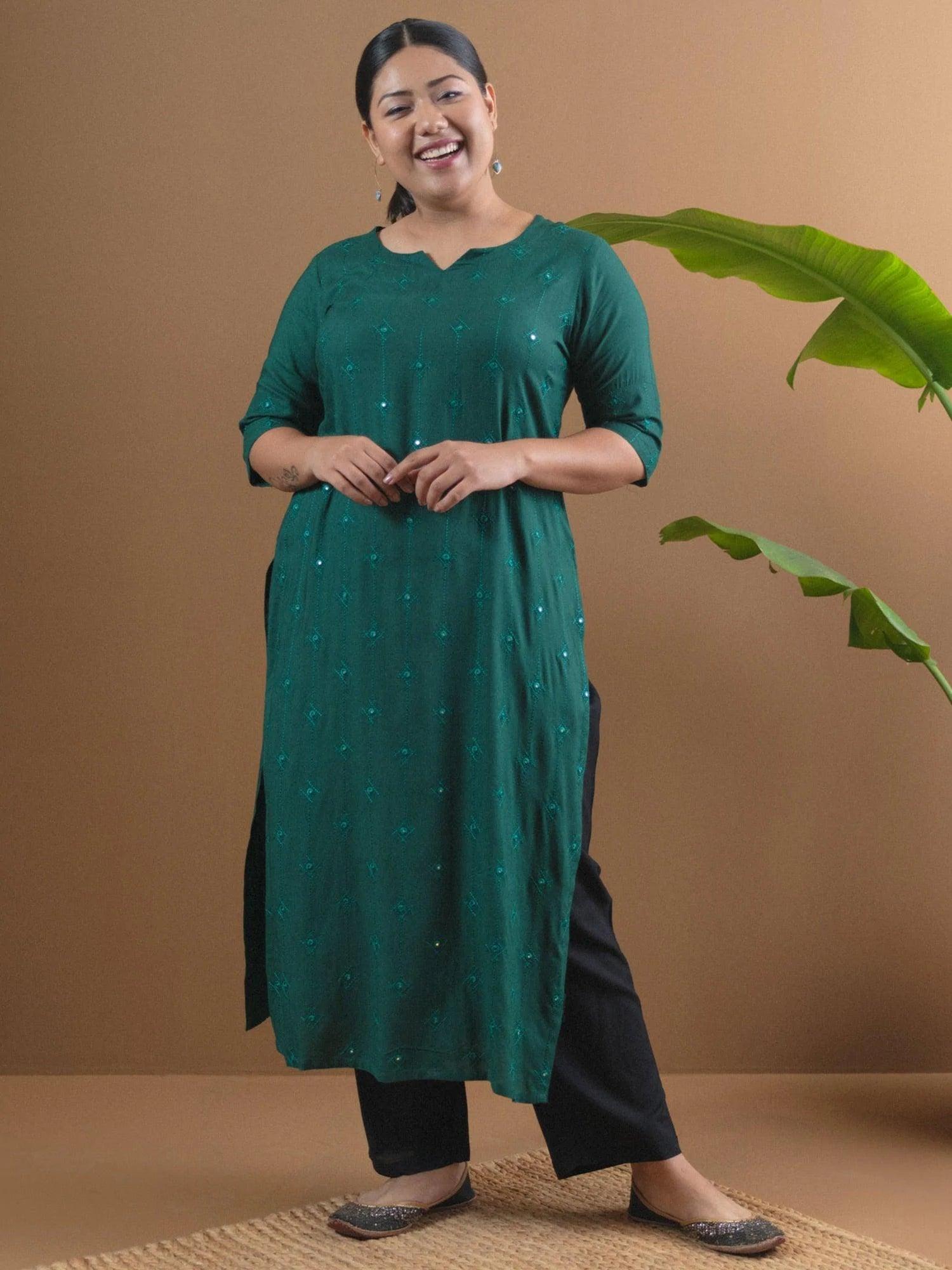 Plus Size Green Embroidered Rayon Kurta