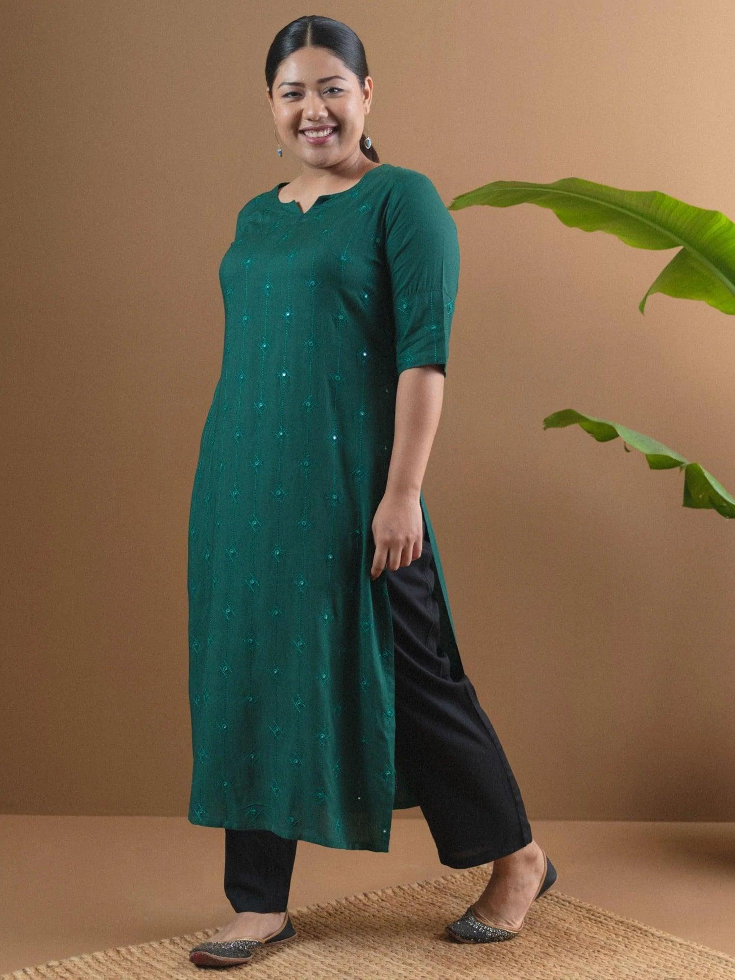 Plus Size Green Embroidered Rayon Kurta