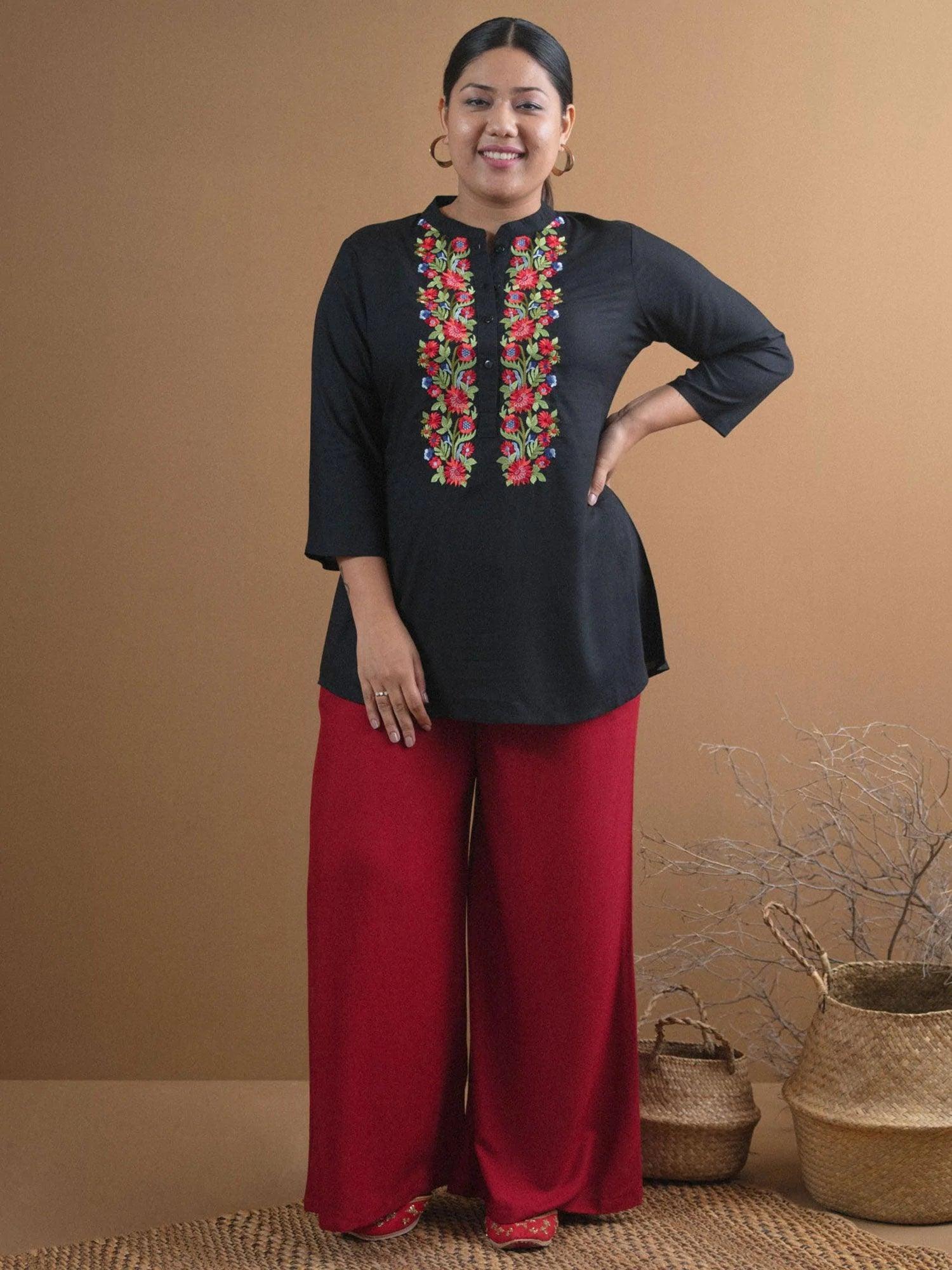 Plus Size Black Embroidered Rayon Kurti