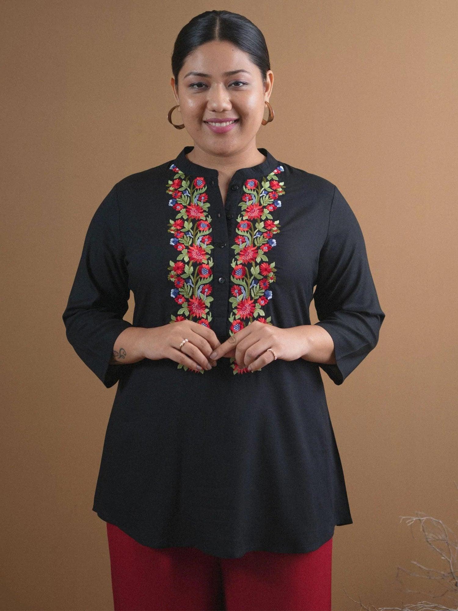 Plus Size Black Embroidered Rayon Kurti