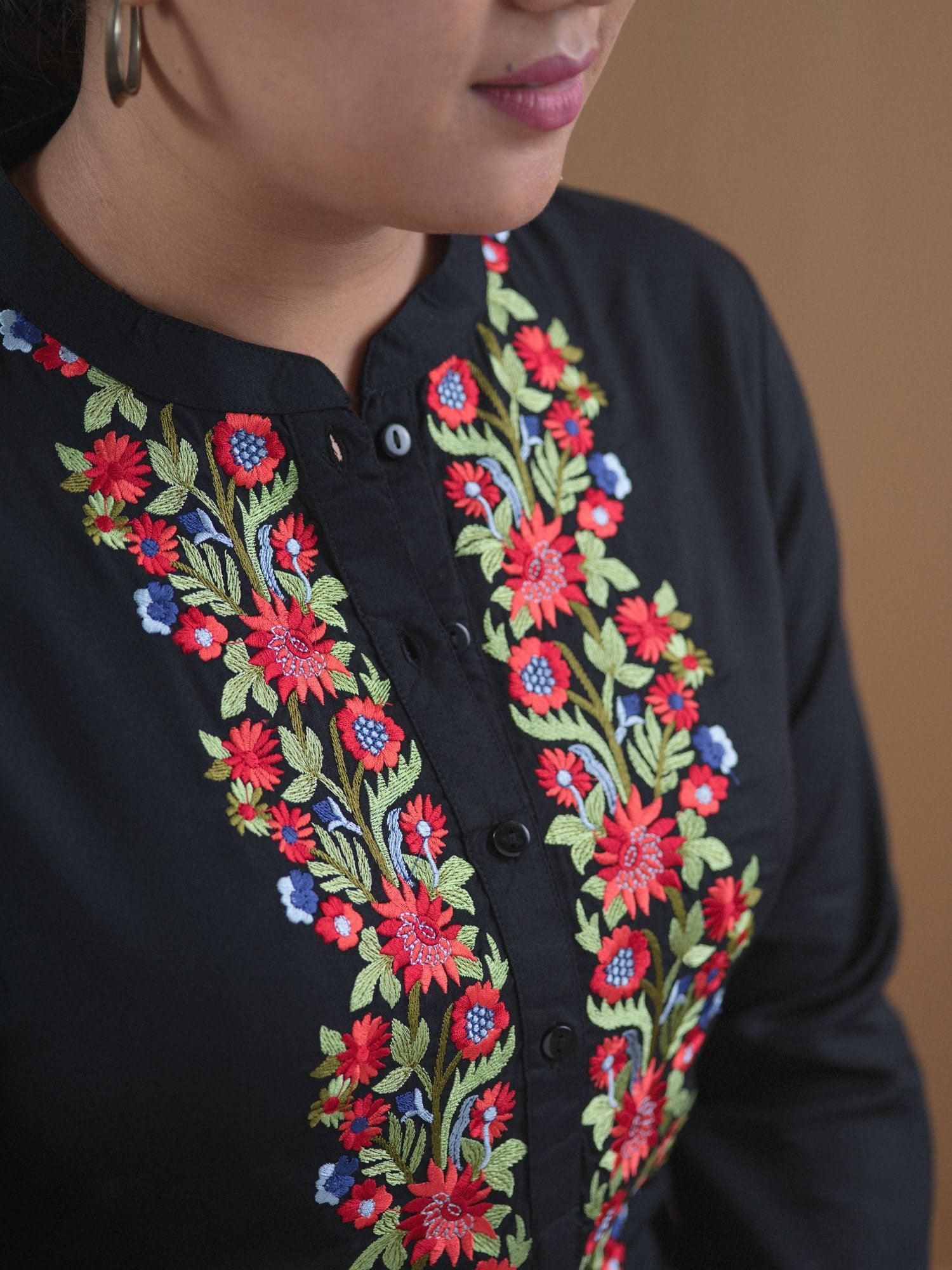 Plus Size Black Embroidered Rayon Kurti