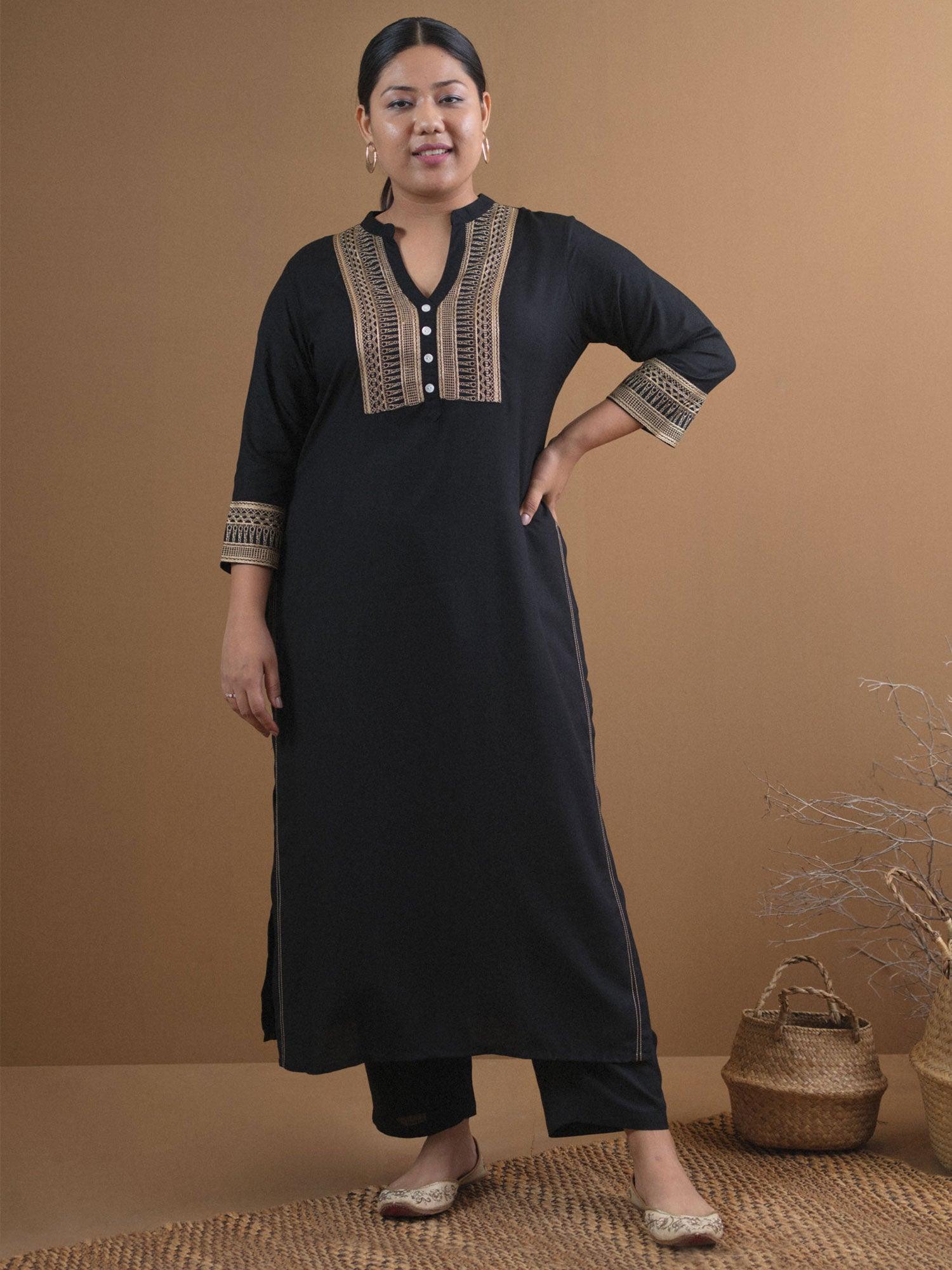 Plus Size Black Embroidered Rayon Kurta