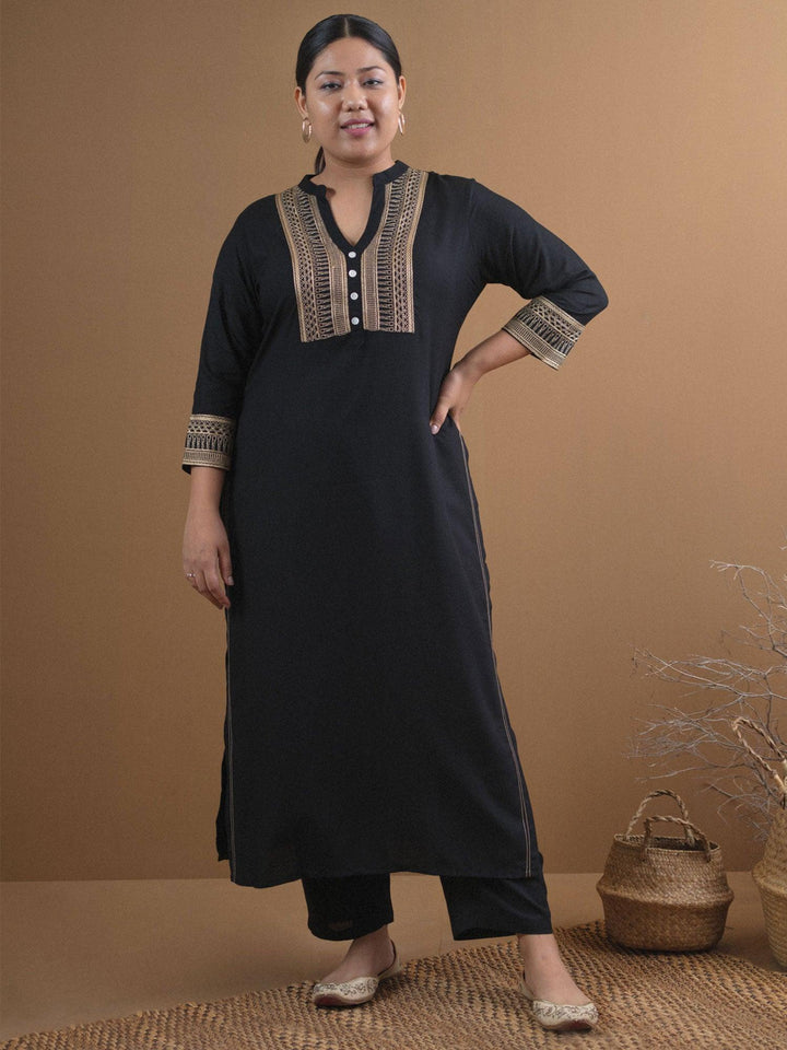 Plus Size Black Embroidered Rayon Kurta - ShopLibas