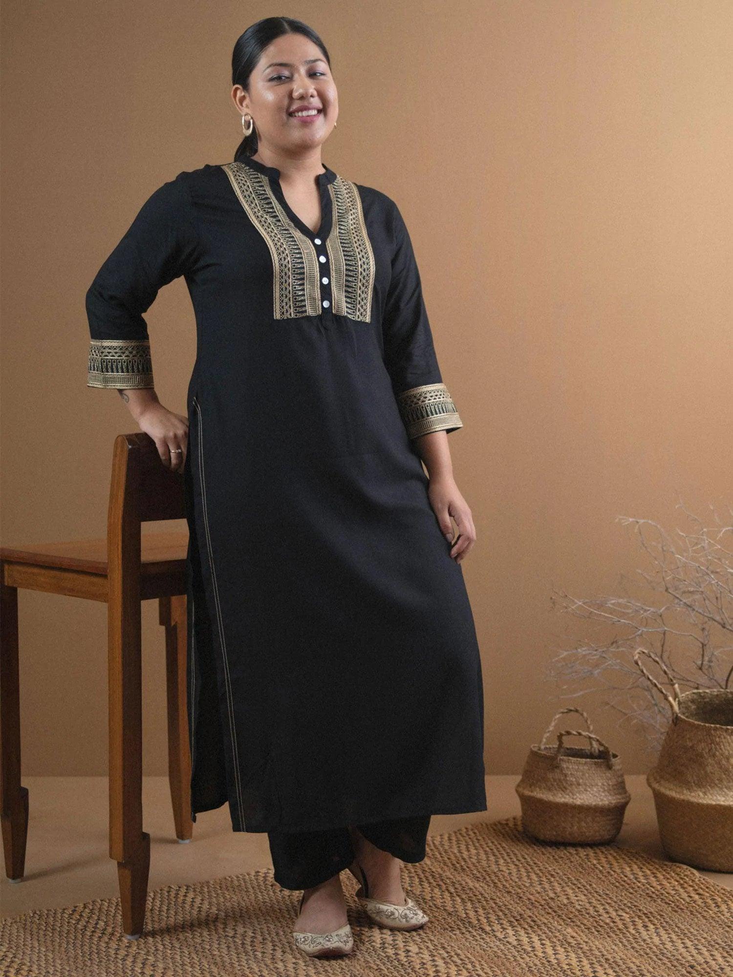 Plus Size Black Embroidered Rayon Kurta