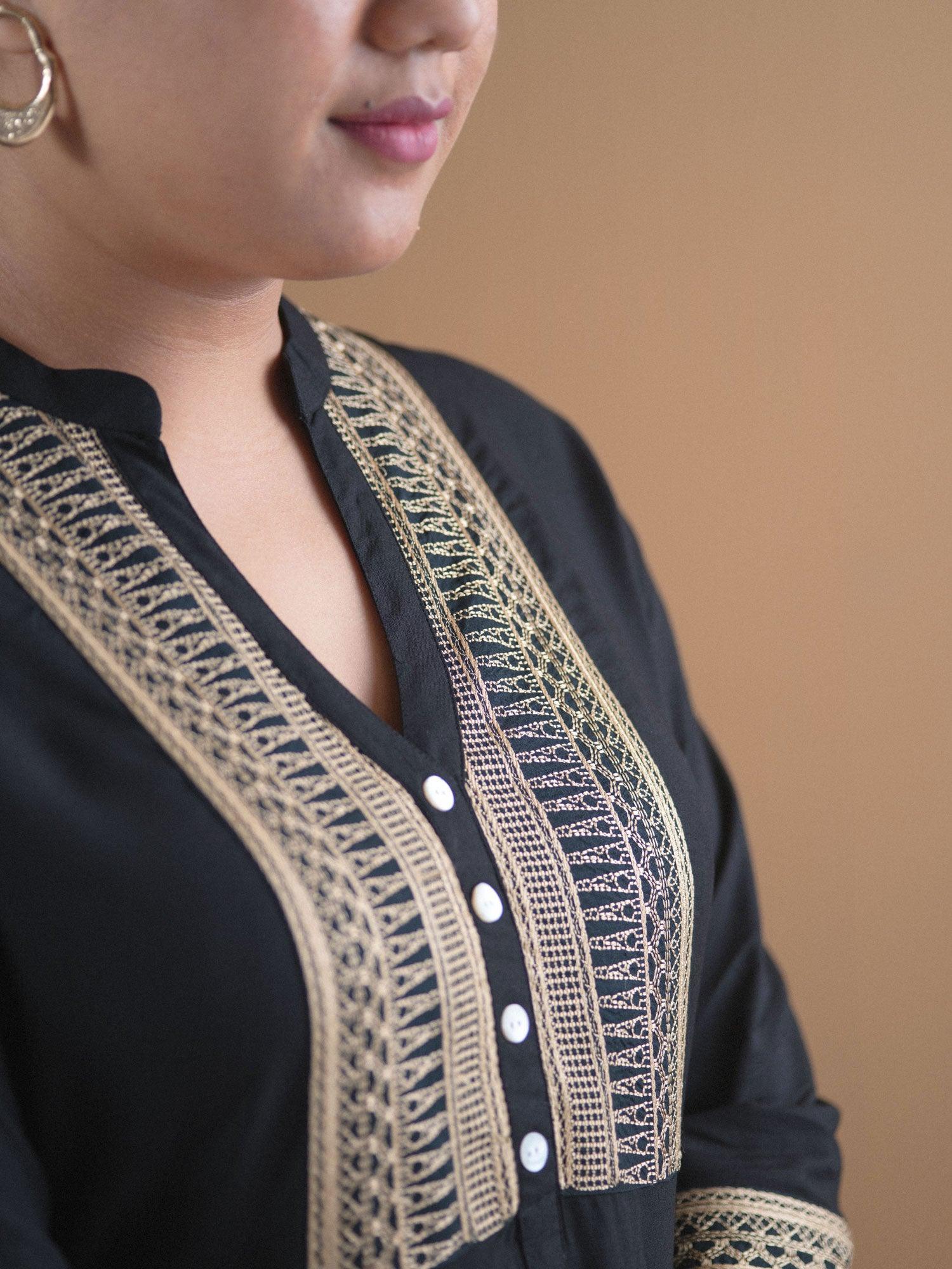 Plus Size Black Embroidered Rayon Kurta