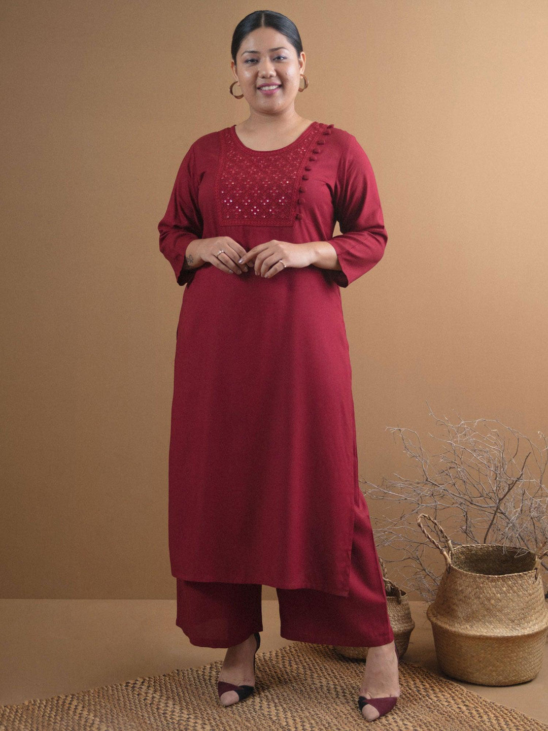 Plus Size Maroon Embroidered Rayon Kurta - ShopLibas