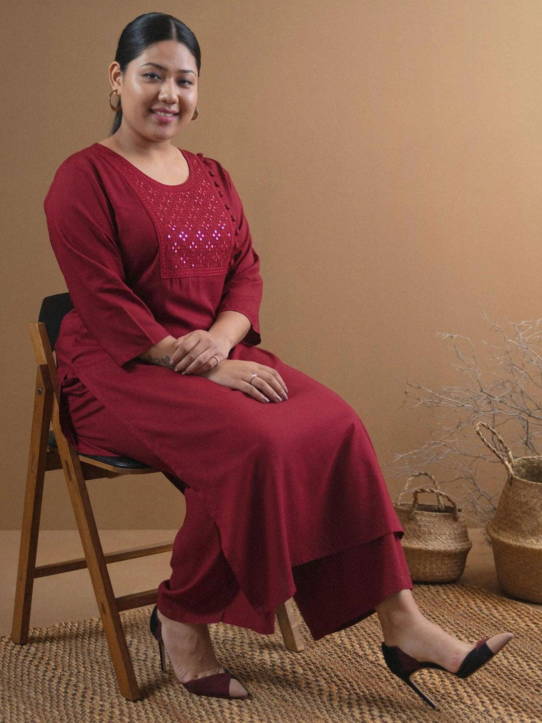 Plus Size Maroon Embroidered Rayon Kurta - ShopLibas