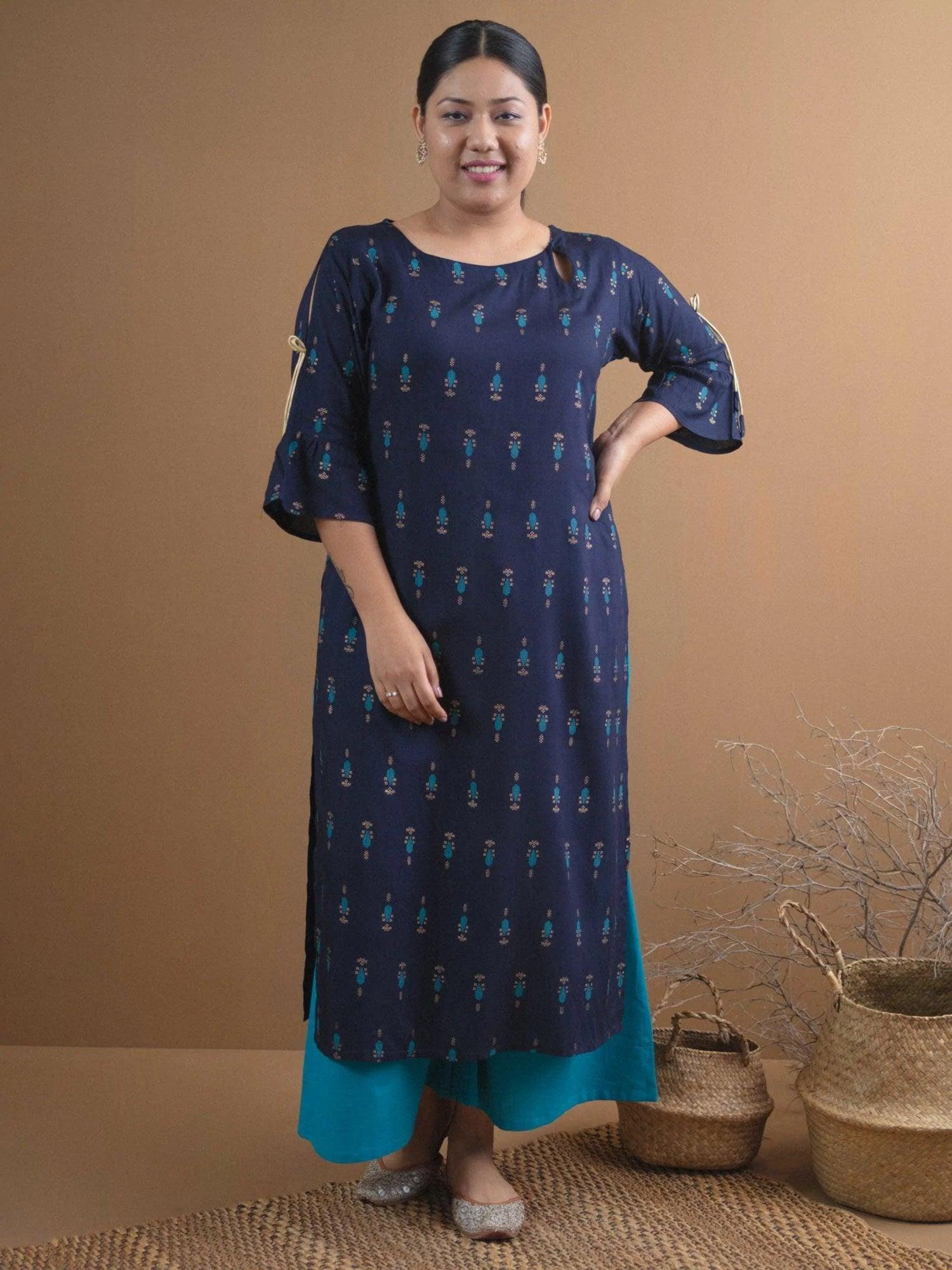 Plus Size Navy Blue Printed Rayon Kurta