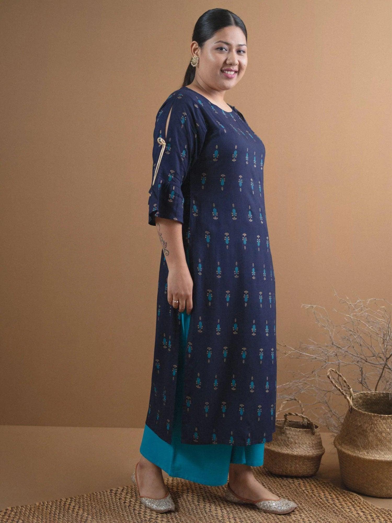 Plus Size Navy Blue Printed Rayon Kurta