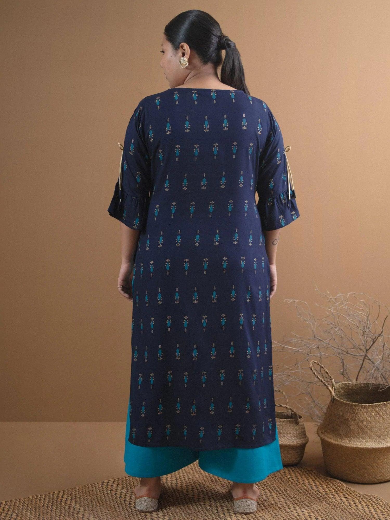 Plus Size Navy Blue Printed Rayon Kurta