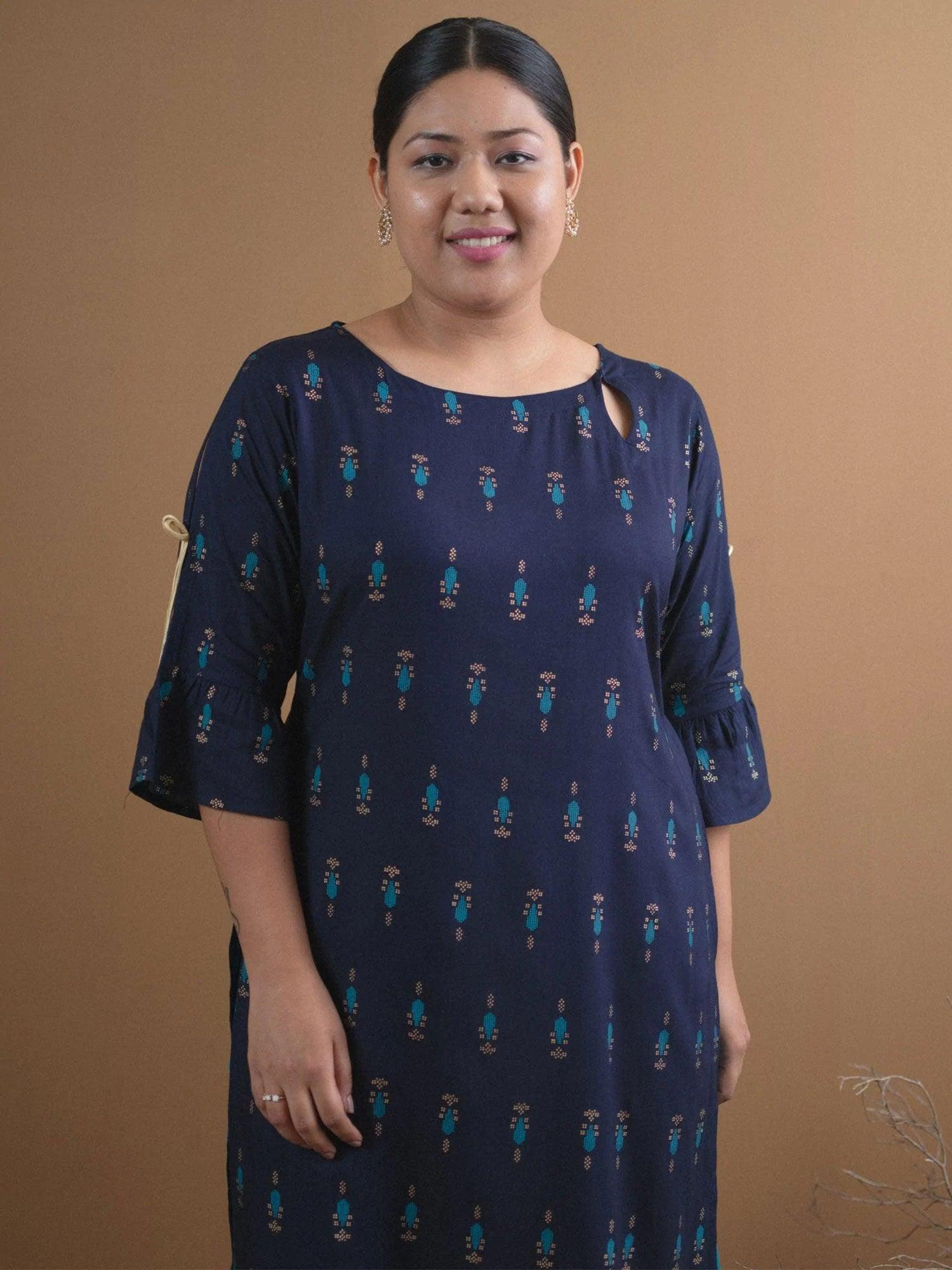 Plus Size Navy Blue Printed Rayon Kurta