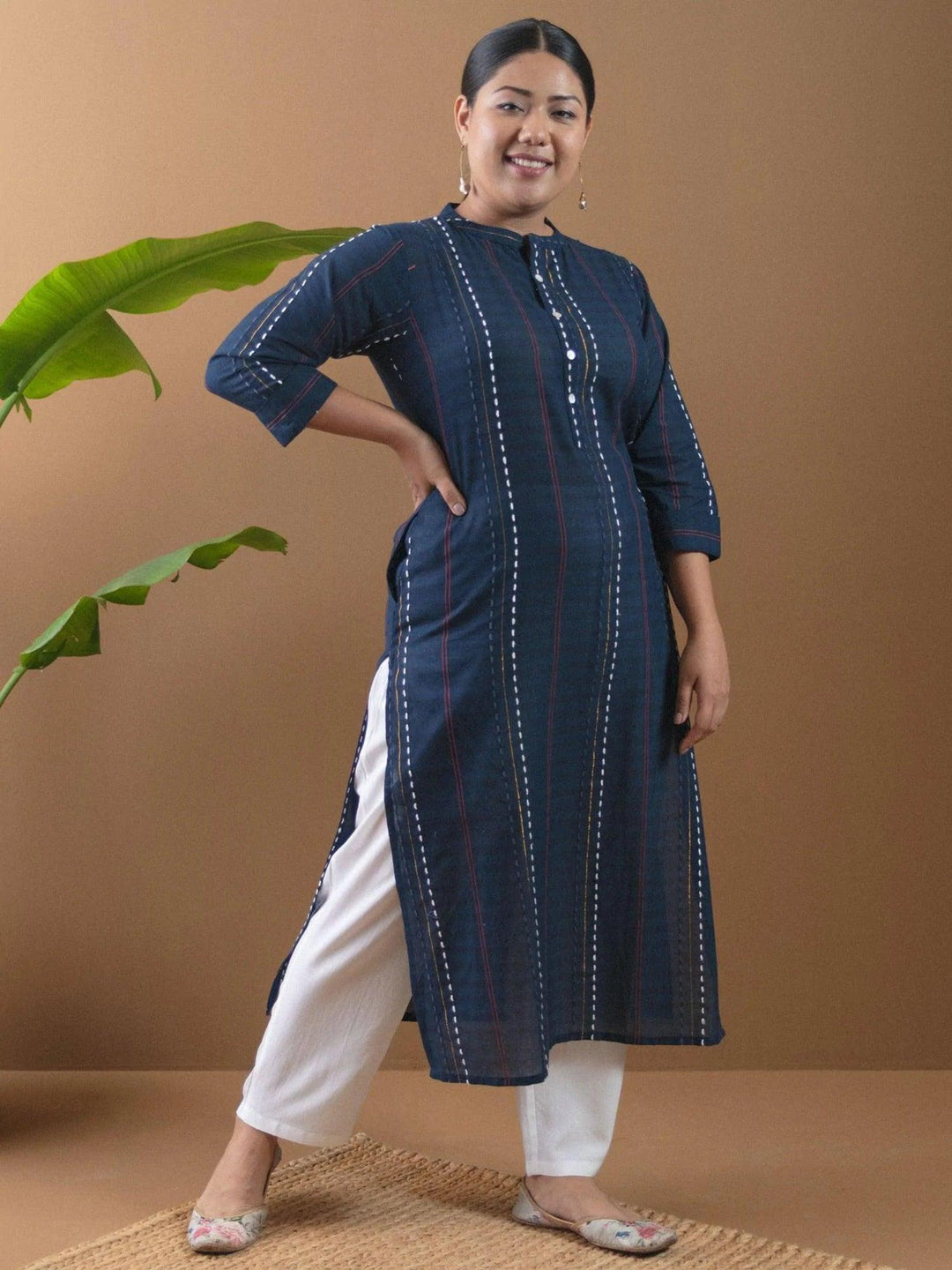 Plus Size Navy Blue Striped Cotton Kurta - ShopLibas