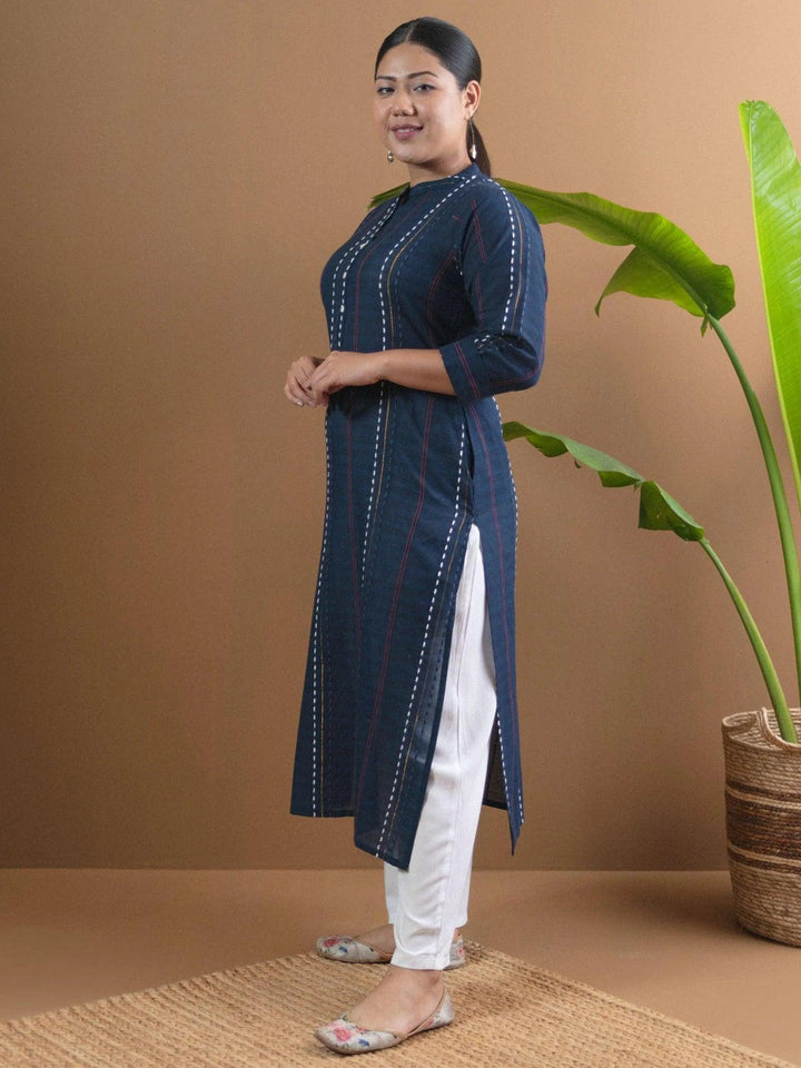 Plus Size Navy Blue Striped Cotton Kurta - ShopLibas