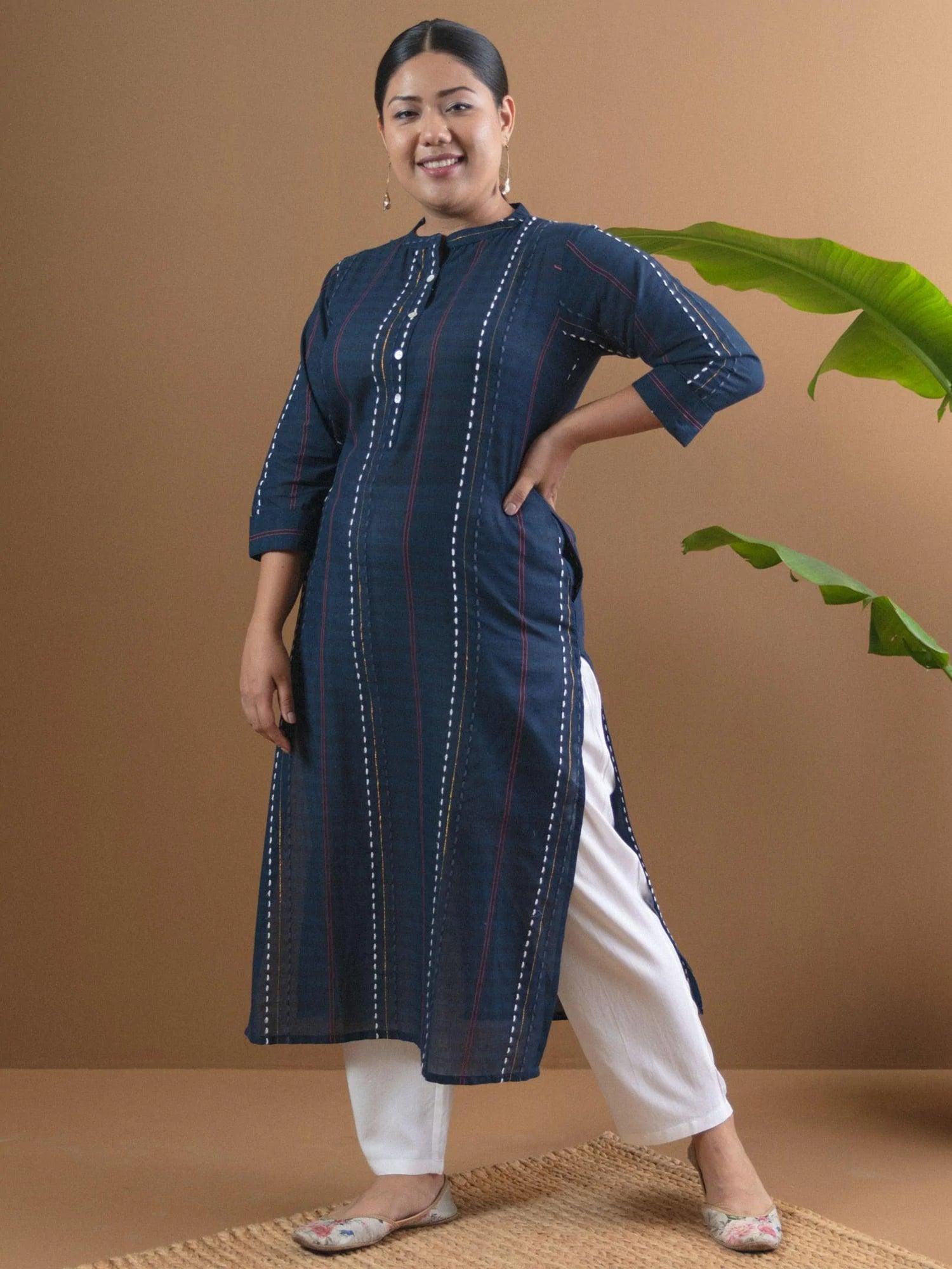 Plus Size Navy Blue Striped Cotton Kurta