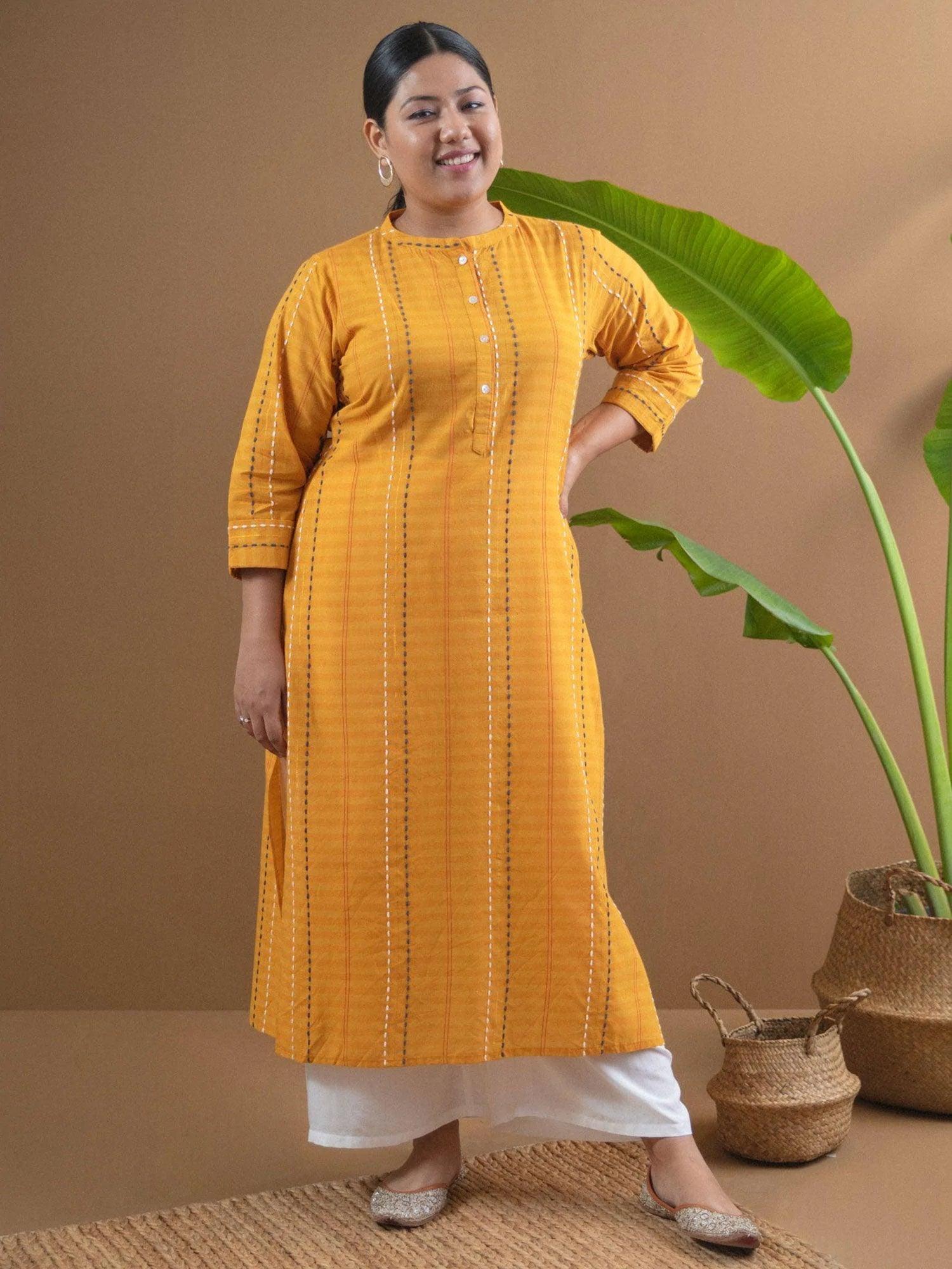 Plus Size Yellow Striped Cotton Kurta