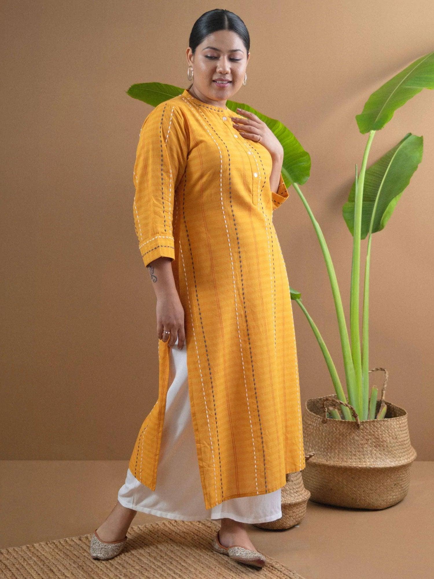 Plus Size Yellow Striped Cotton Kurta