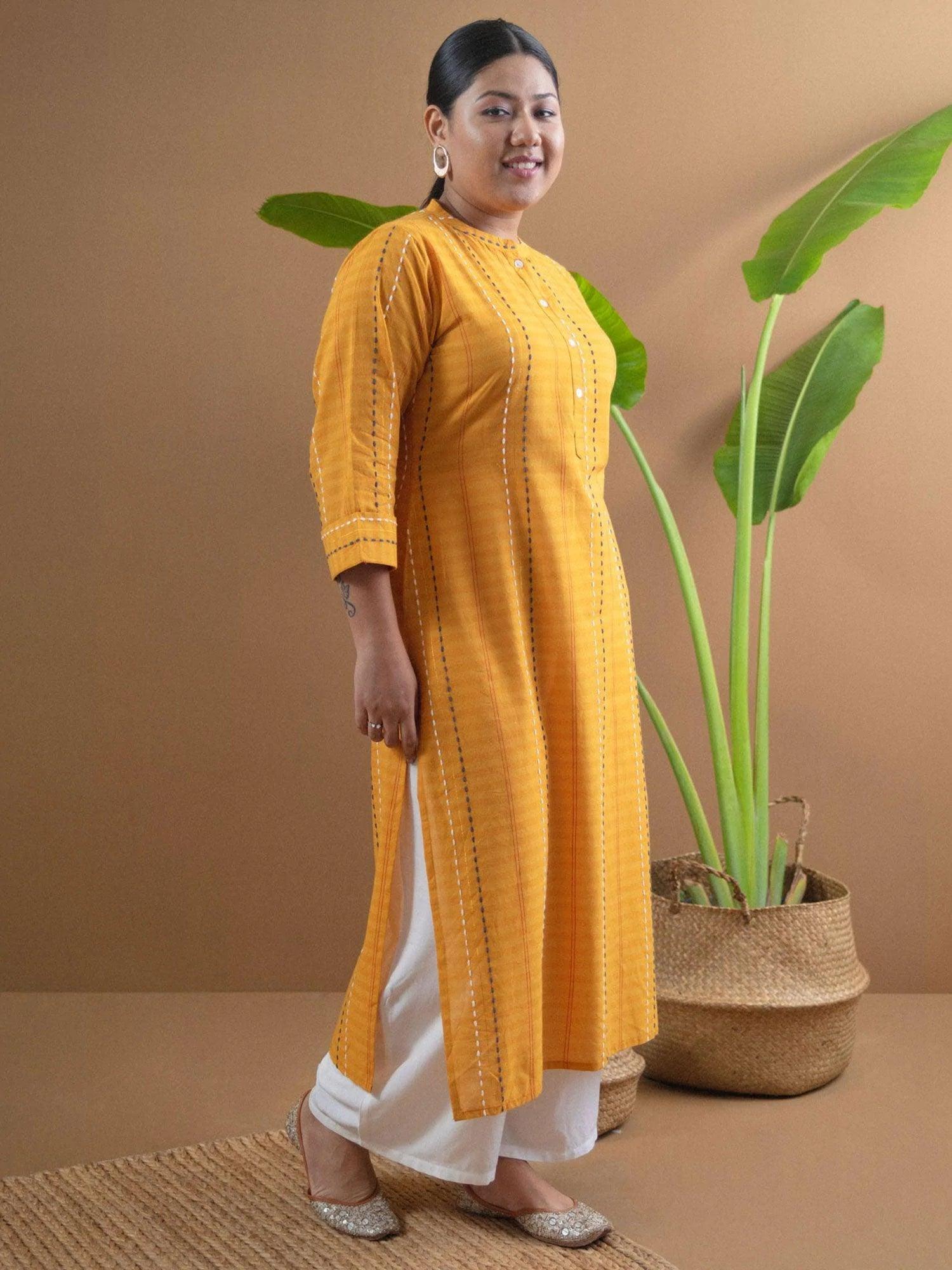 Plus Size Yellow Striped Cotton Kurta