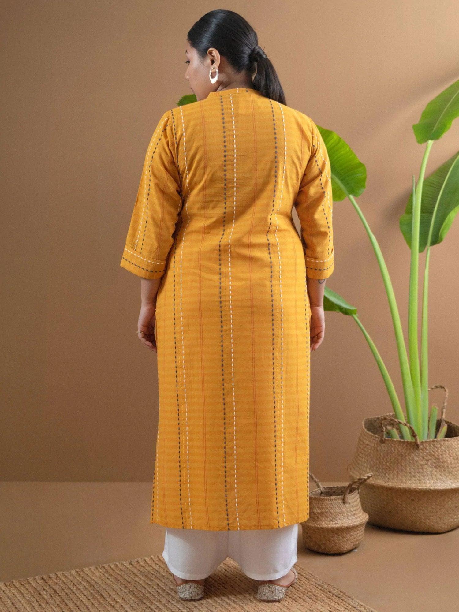 Plus Size Yellow Striped Cotton Kurta