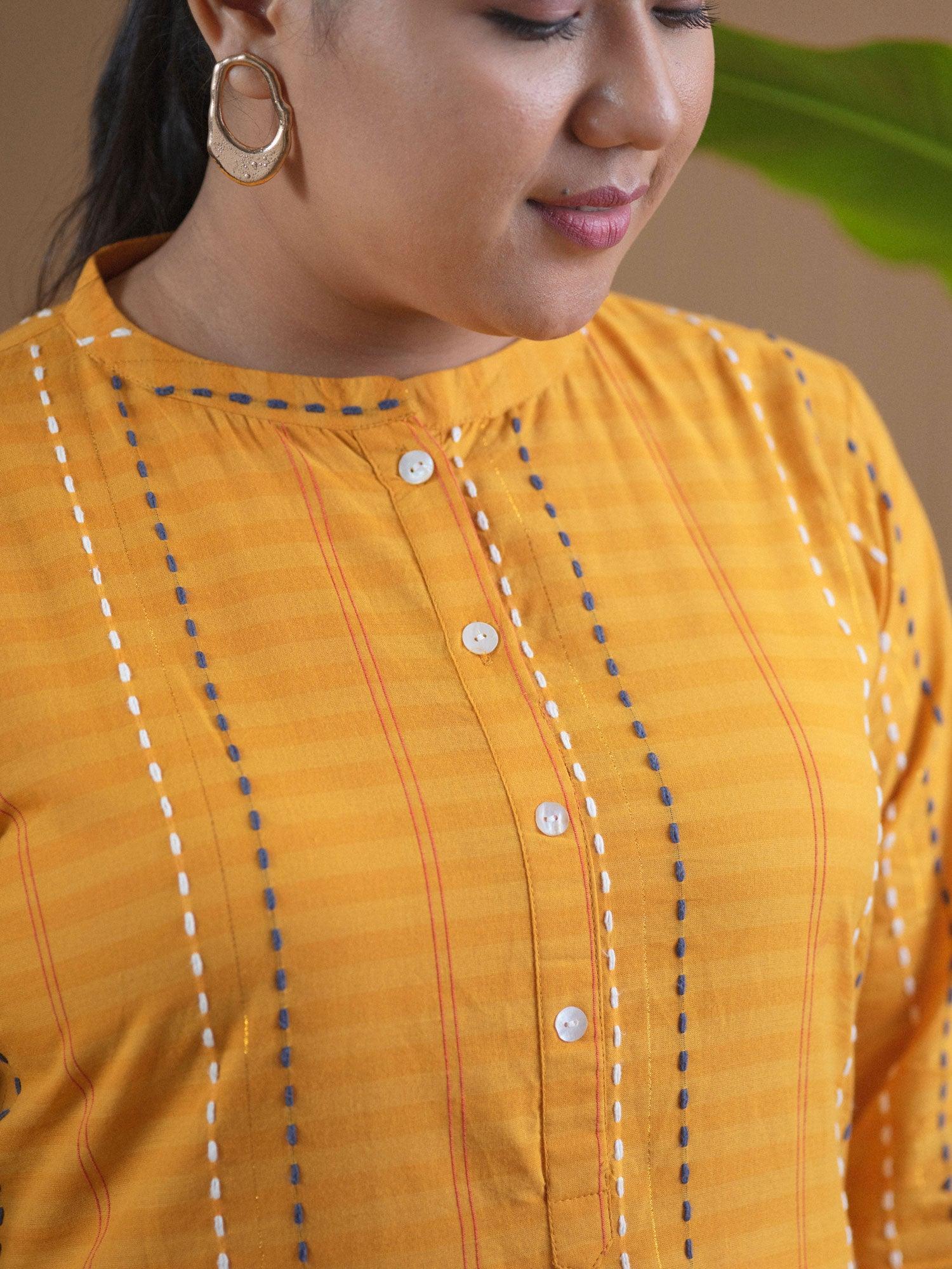 Plus Size Yellow Striped Cotton Kurta