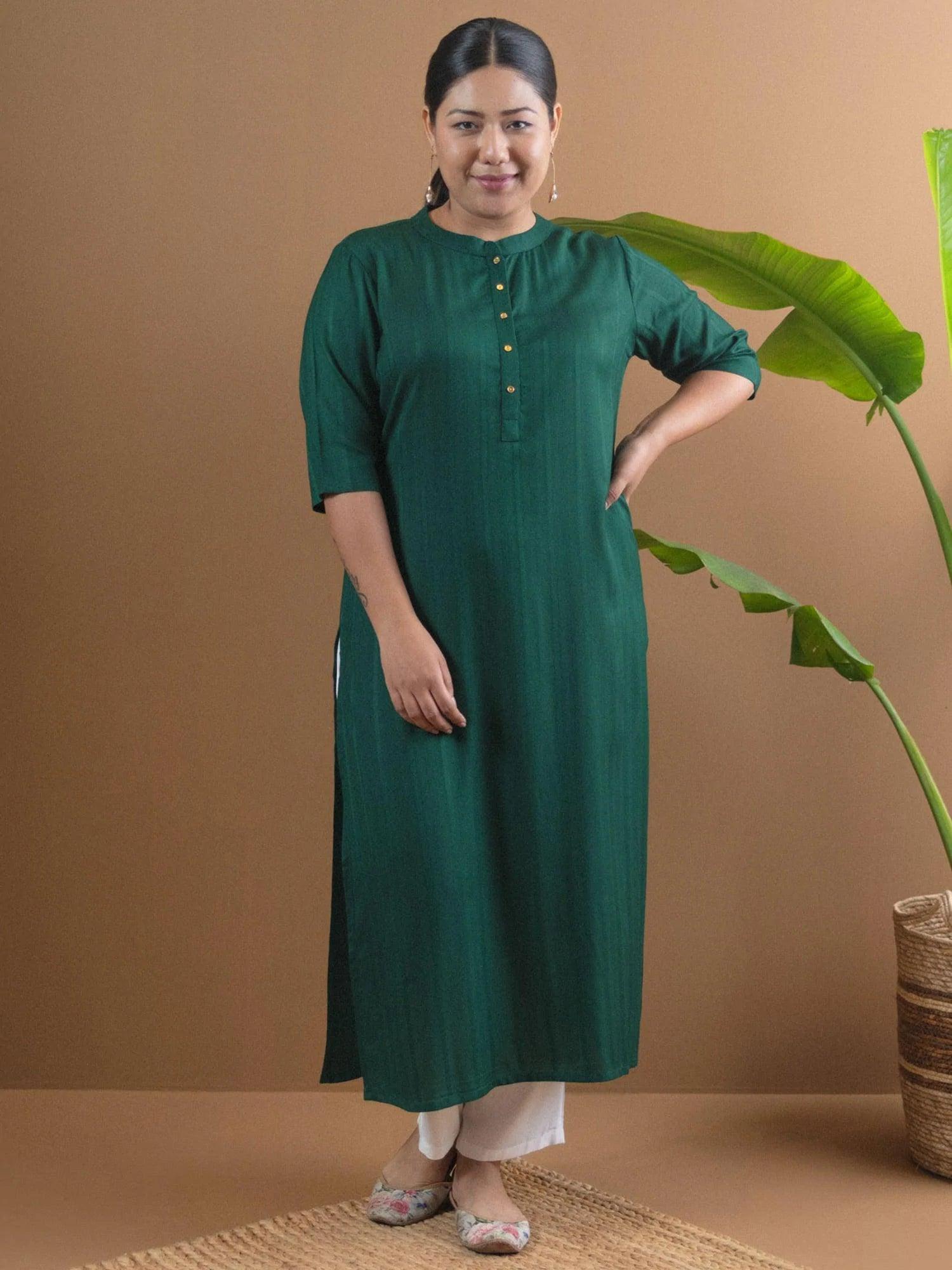 Plus Size Green Solid Rayon Kurta